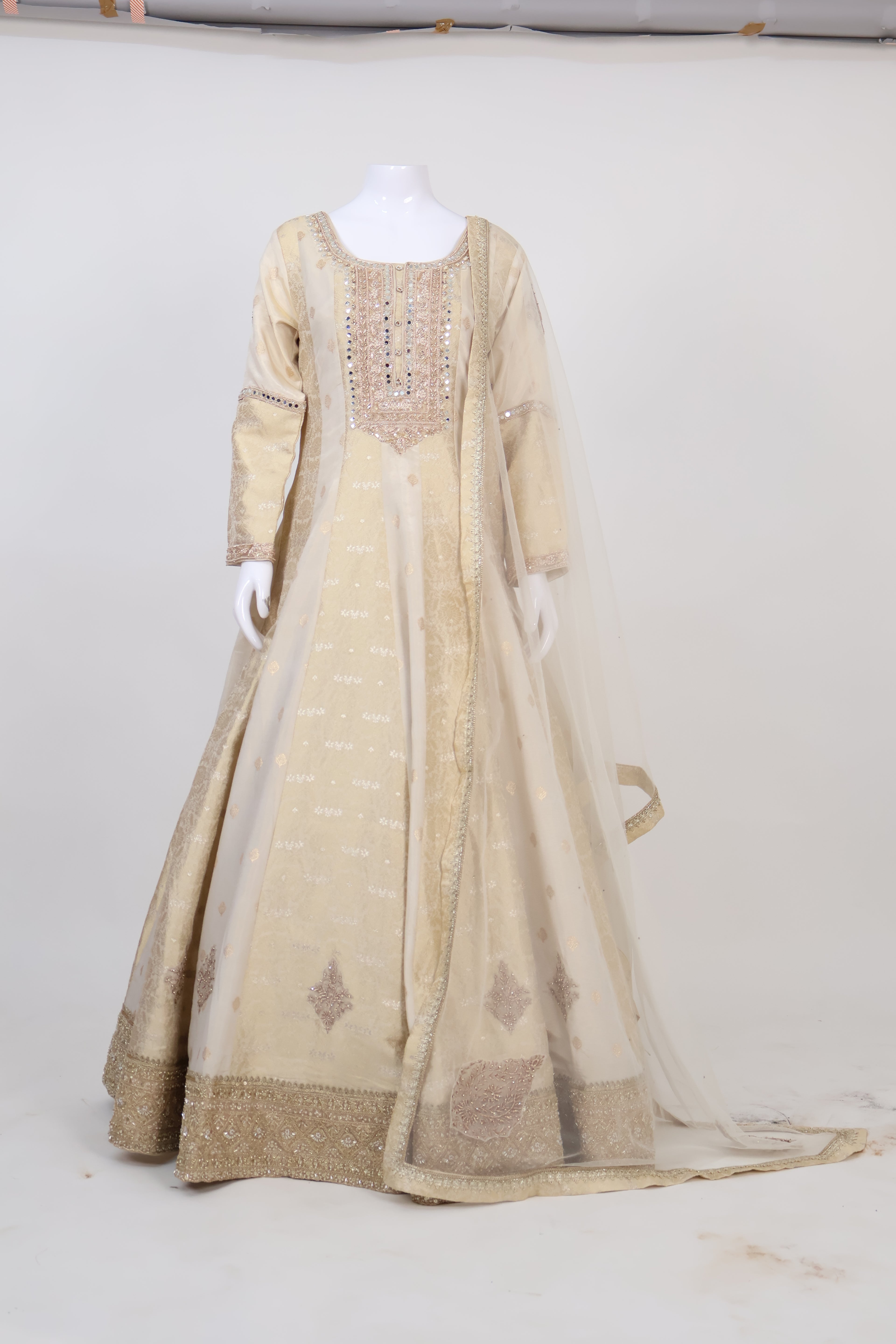 Luxurious Cream Gold Mirror Work Gown with Dupatta