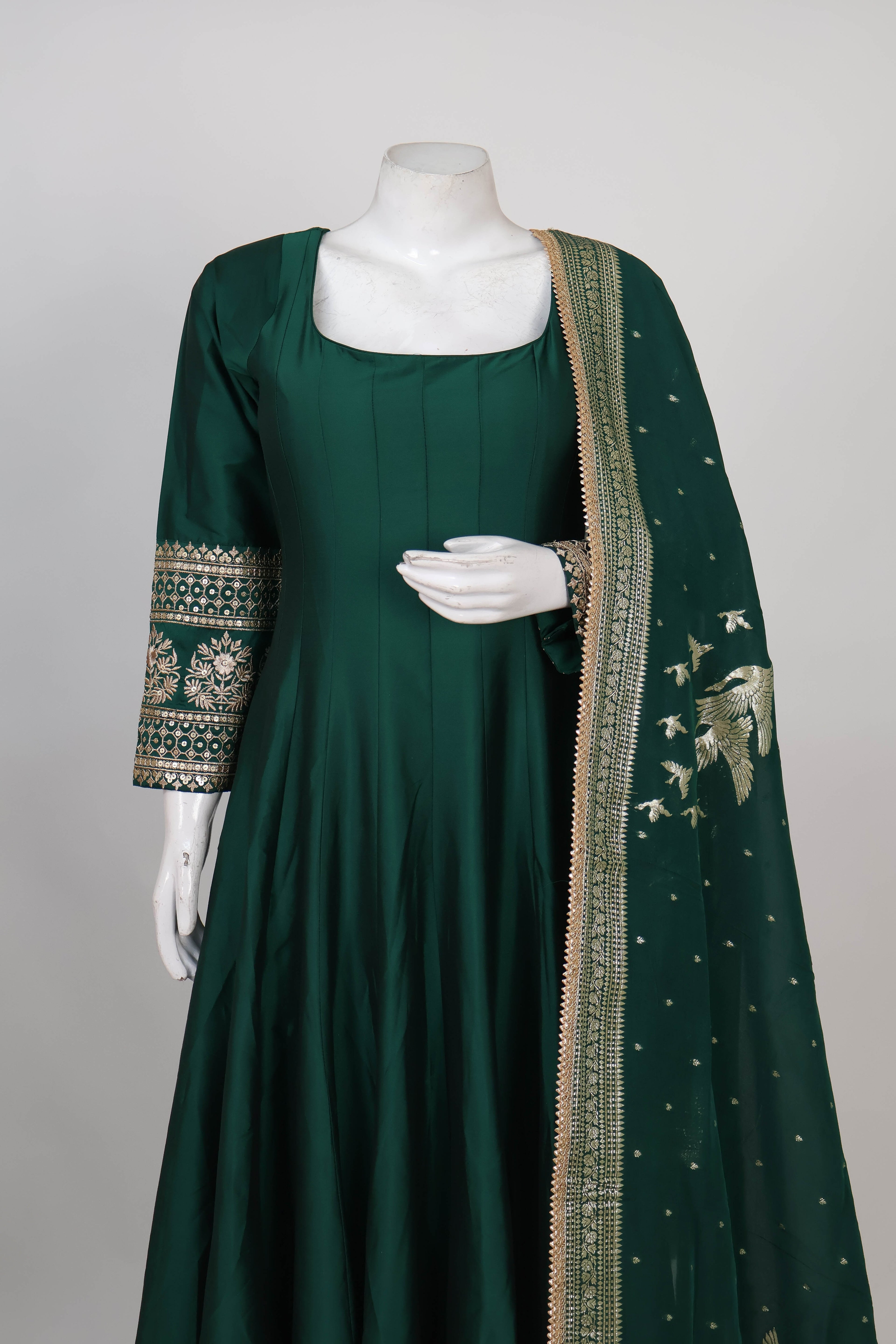 Regal Emerald Green Embroidered Gown with Dupatta