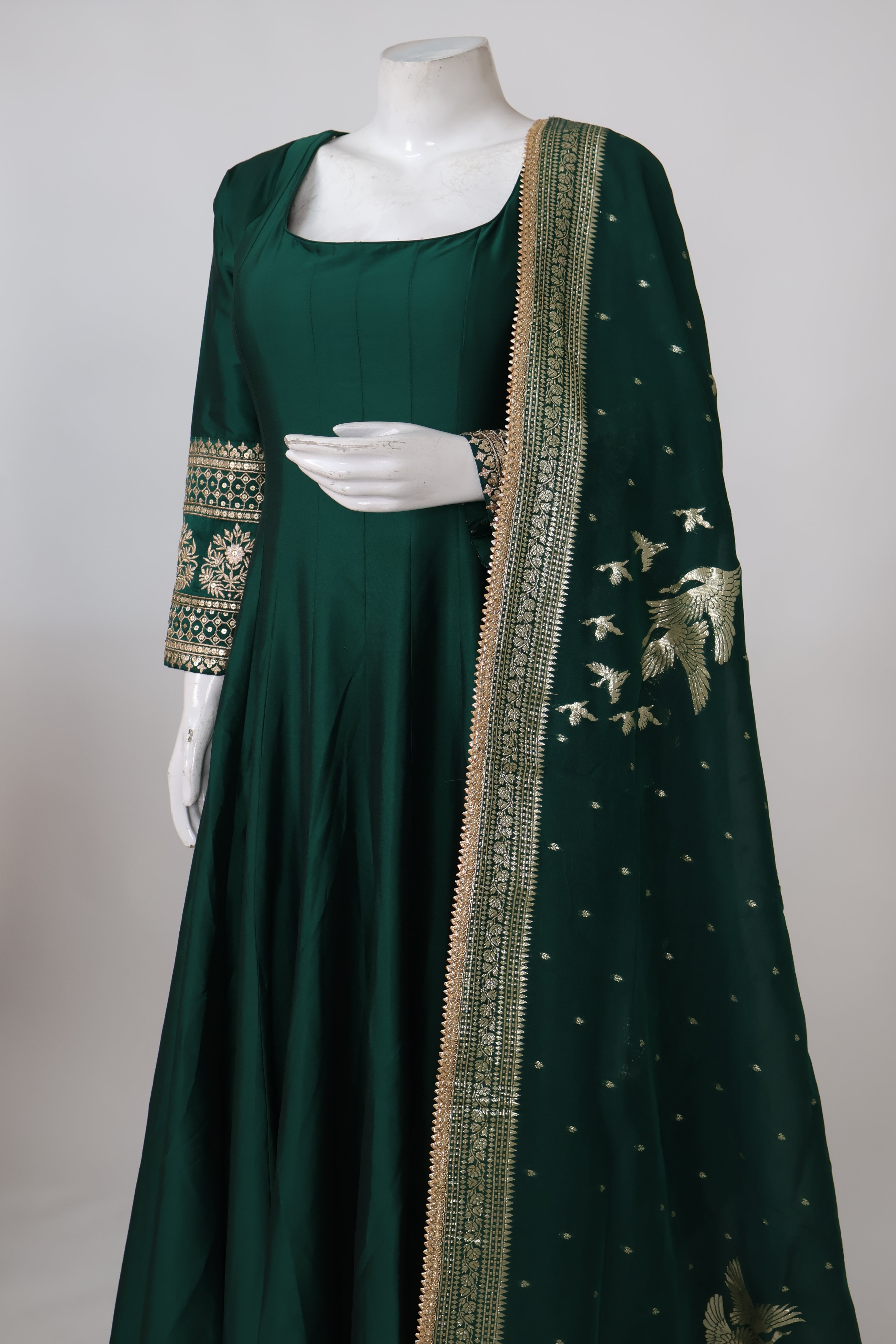 Regal Emerald Green Embroidered Gown with Dupatta