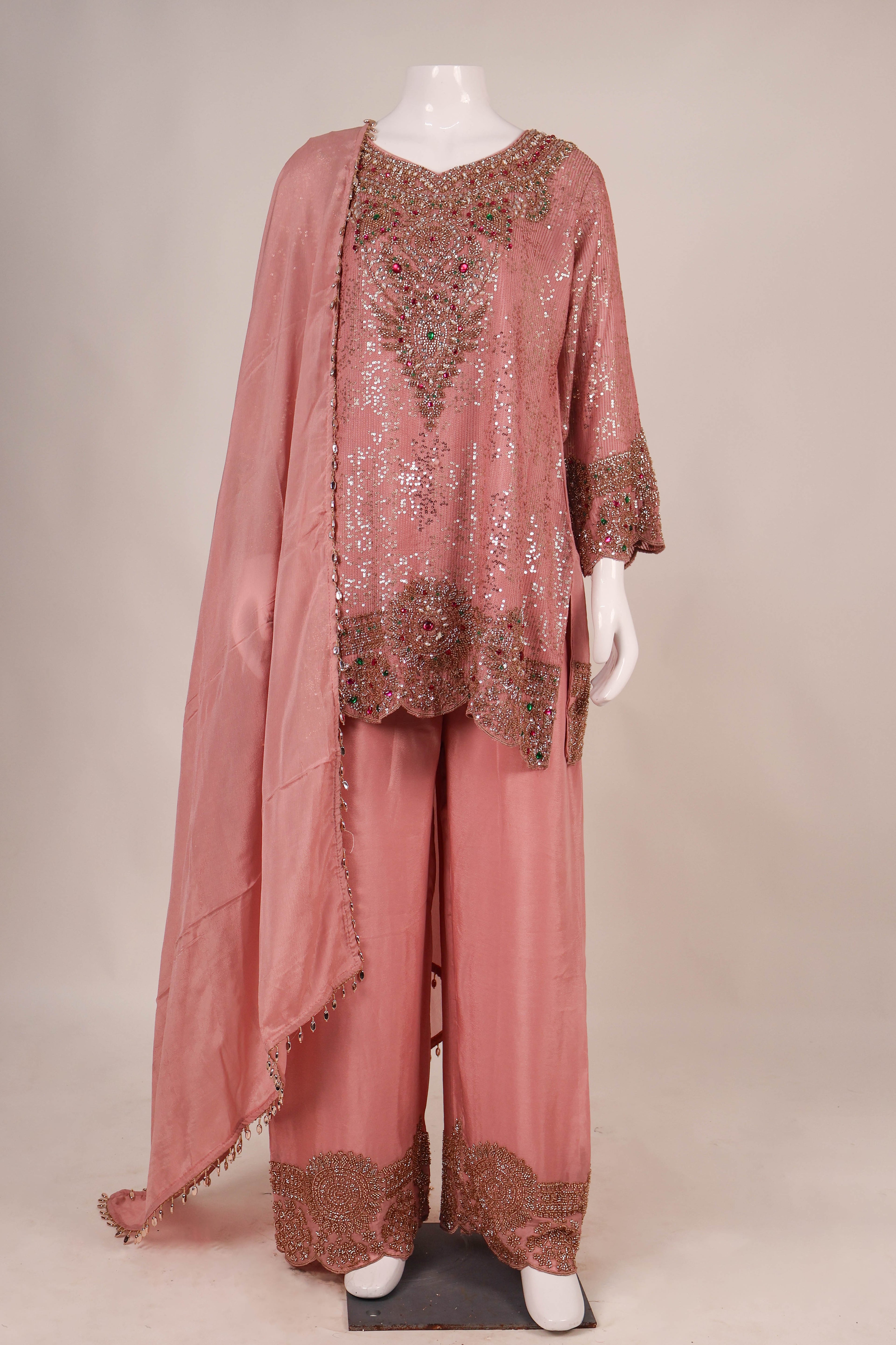 Dusty Rose Heavily Embellished Palazzo Set