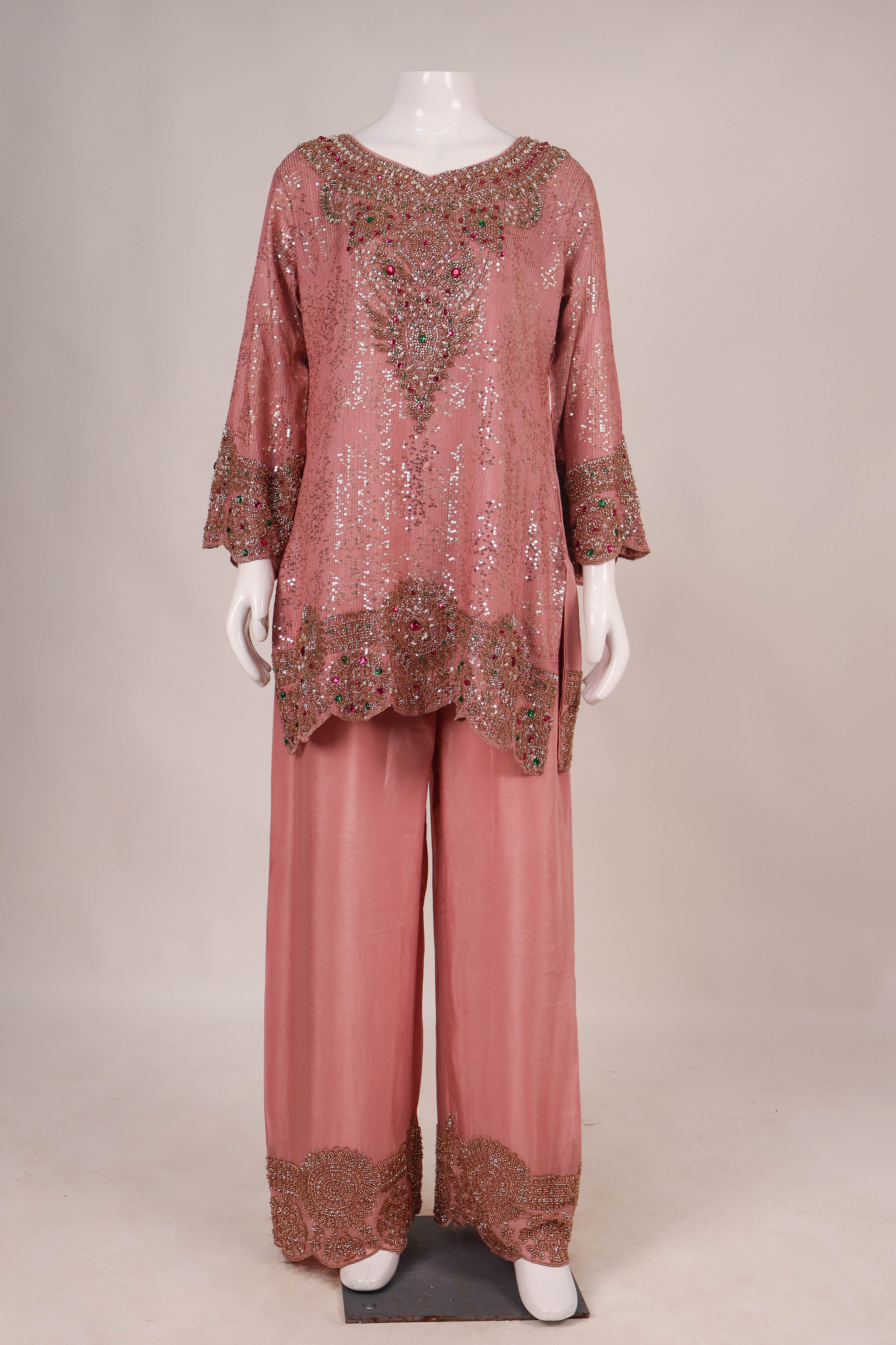Dusty Rose Heavily Embellished Palazzo Set