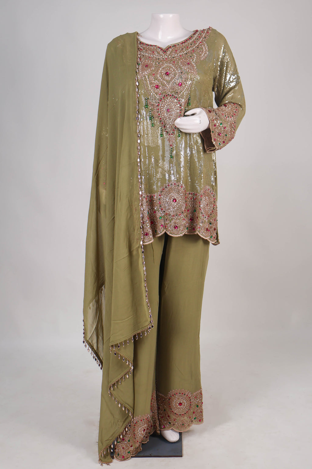 Olive Green Heavily Embellished Palazzo Set