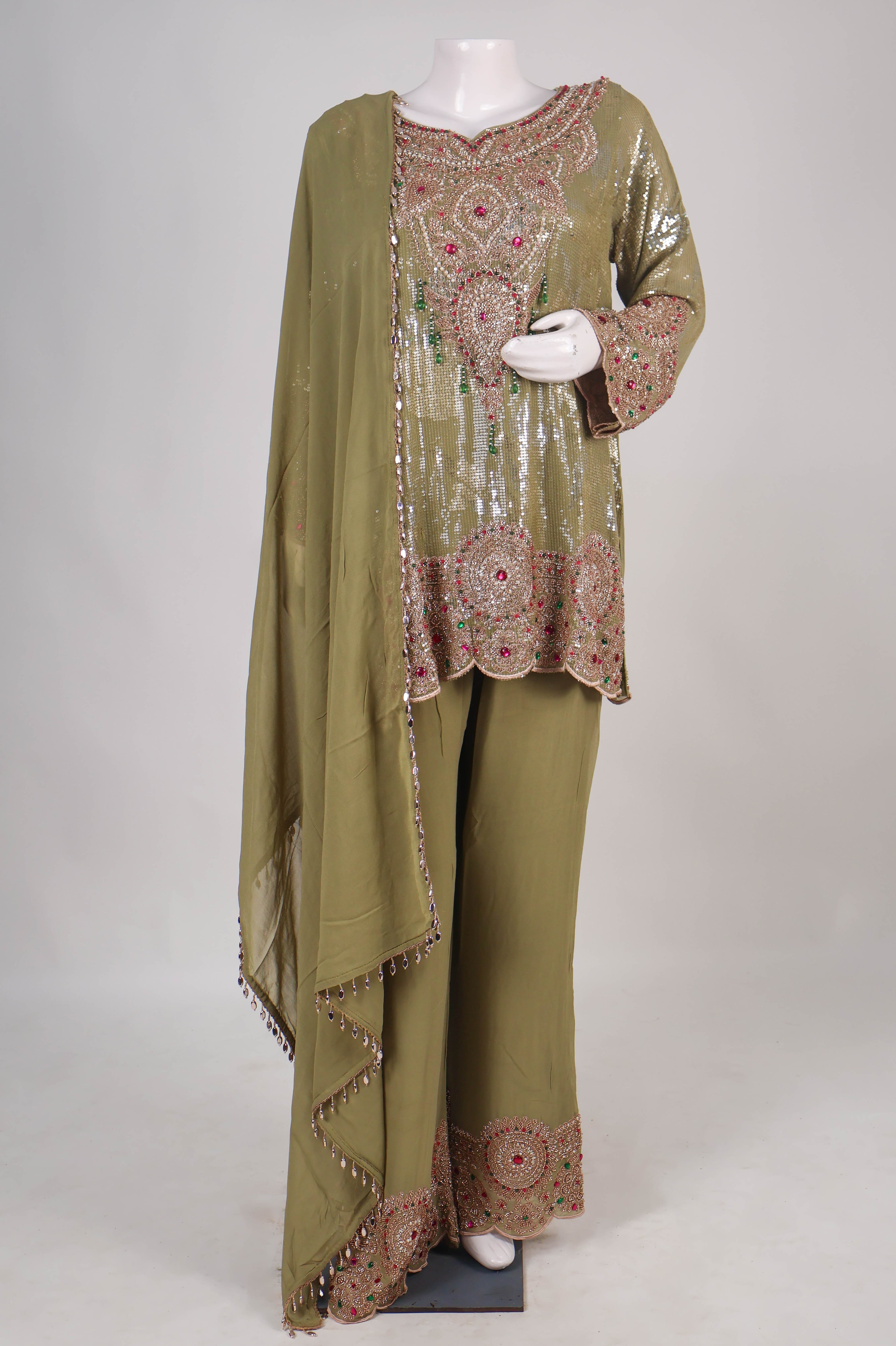 Olive Green Heavily Embellished Palazzo Set