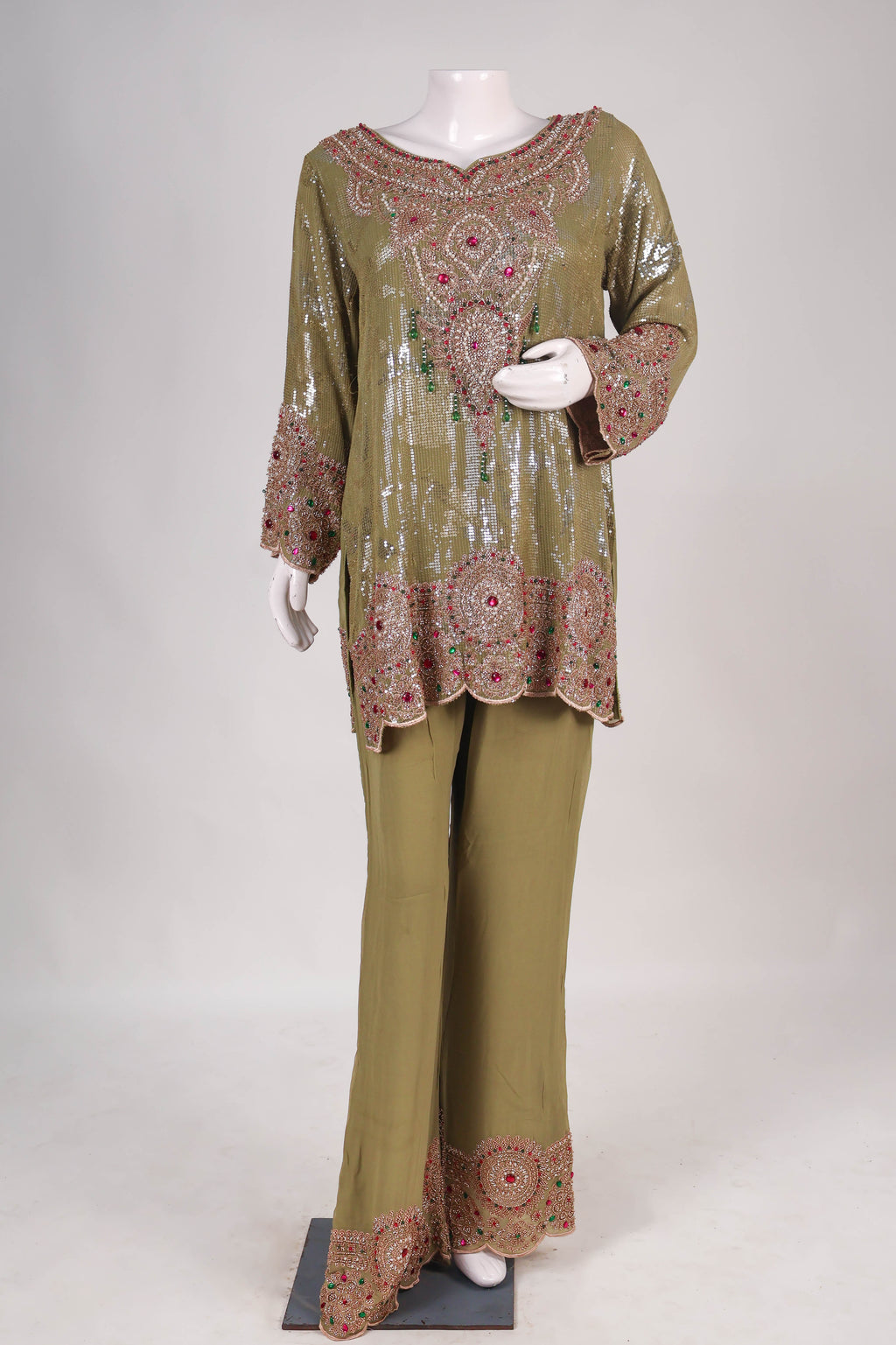 Olive Green Heavily Embellished Palazzo Set