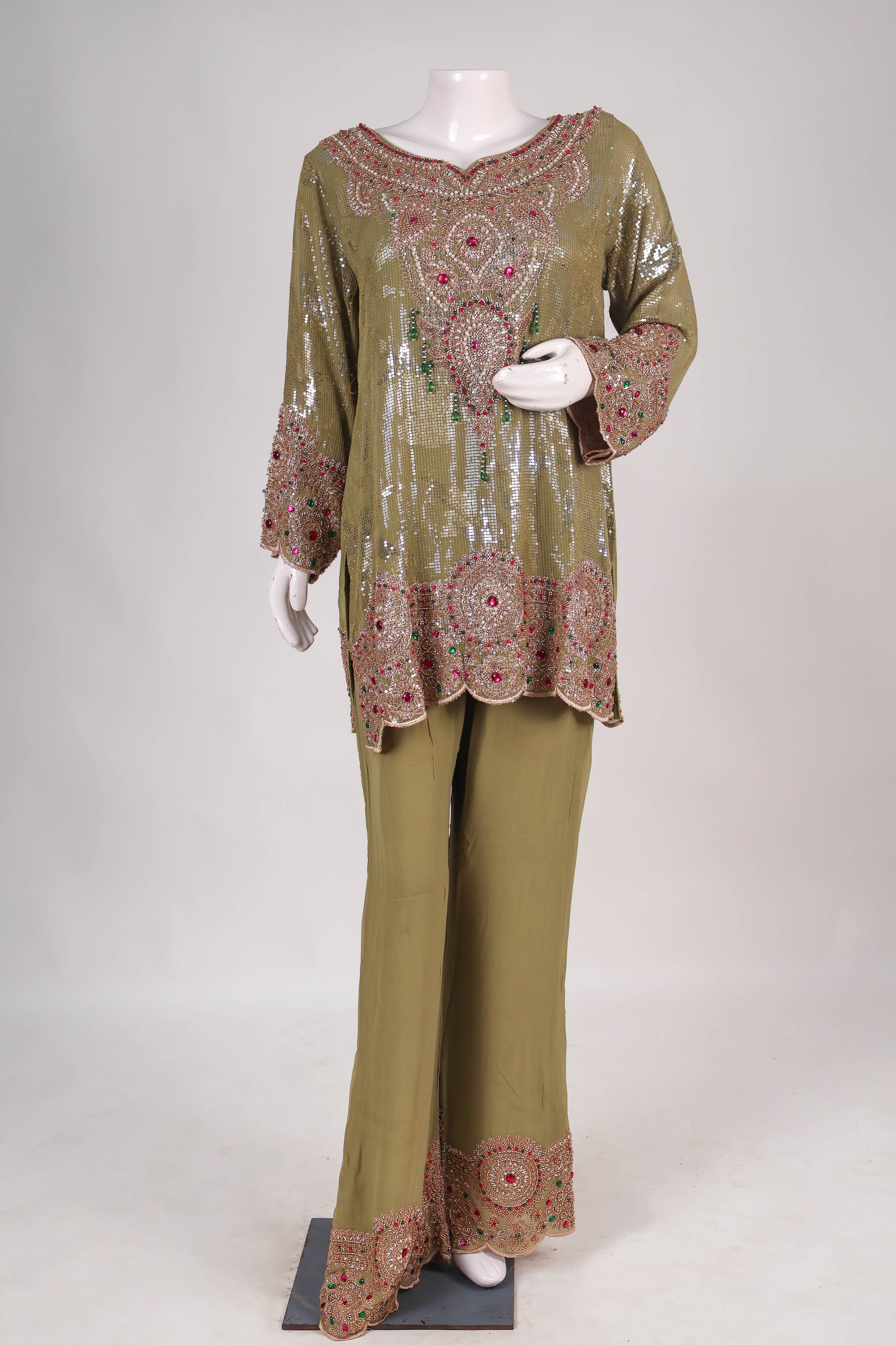 Olive Green Heavily Embellished Palazzo Set