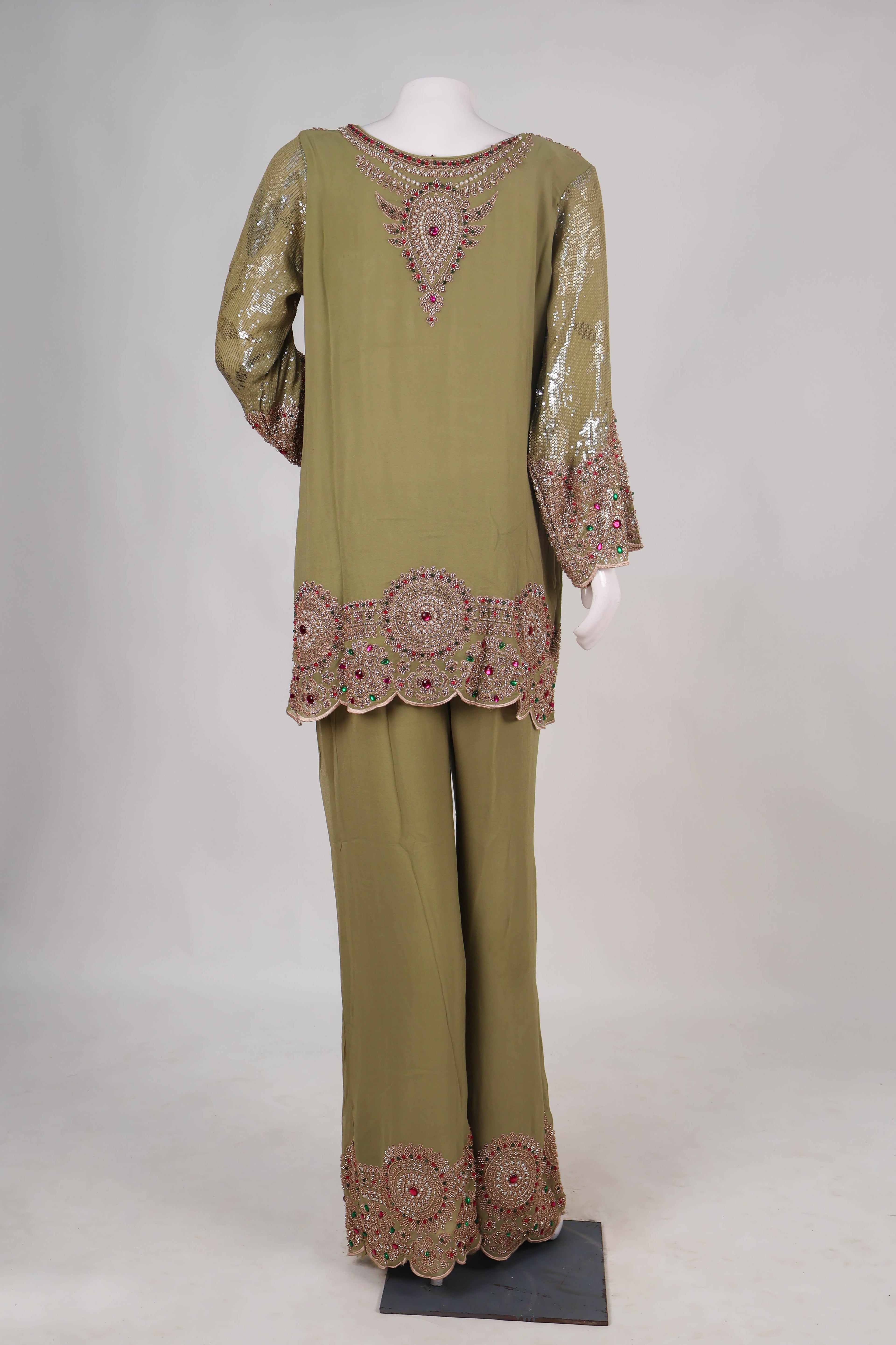 Olive Green Heavily Embellished Palazzo Set