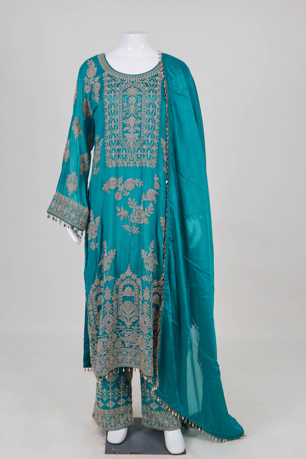 Teal Embroidered Silk Salwar Suit Set