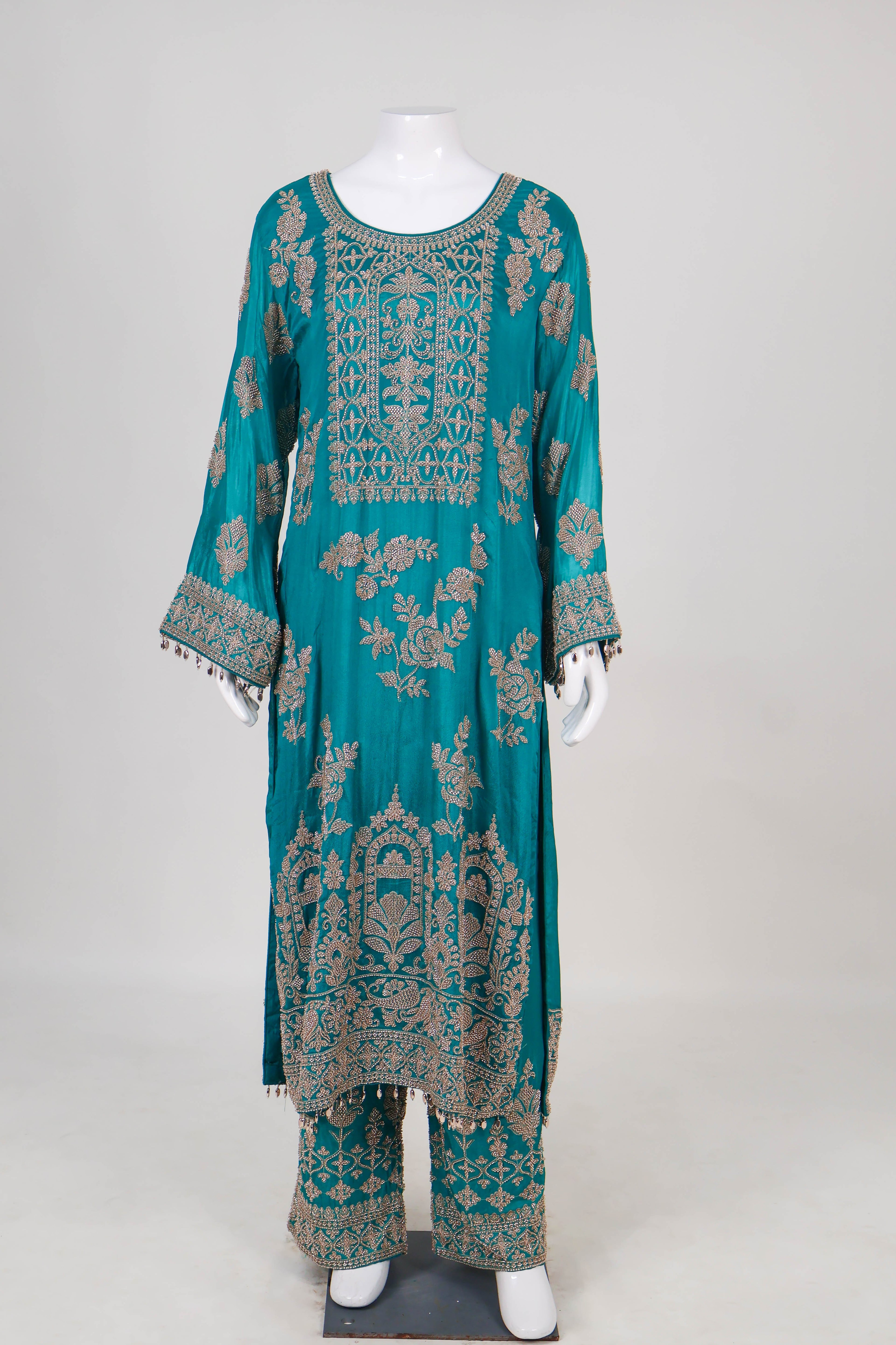 Teal Embroidered Silk Salwar Suit Set