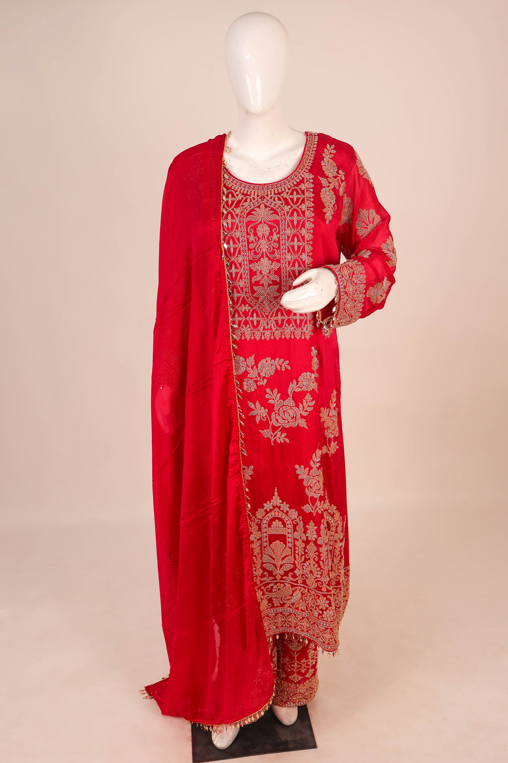 Red Embroidered Silk Salwar Suit Set
