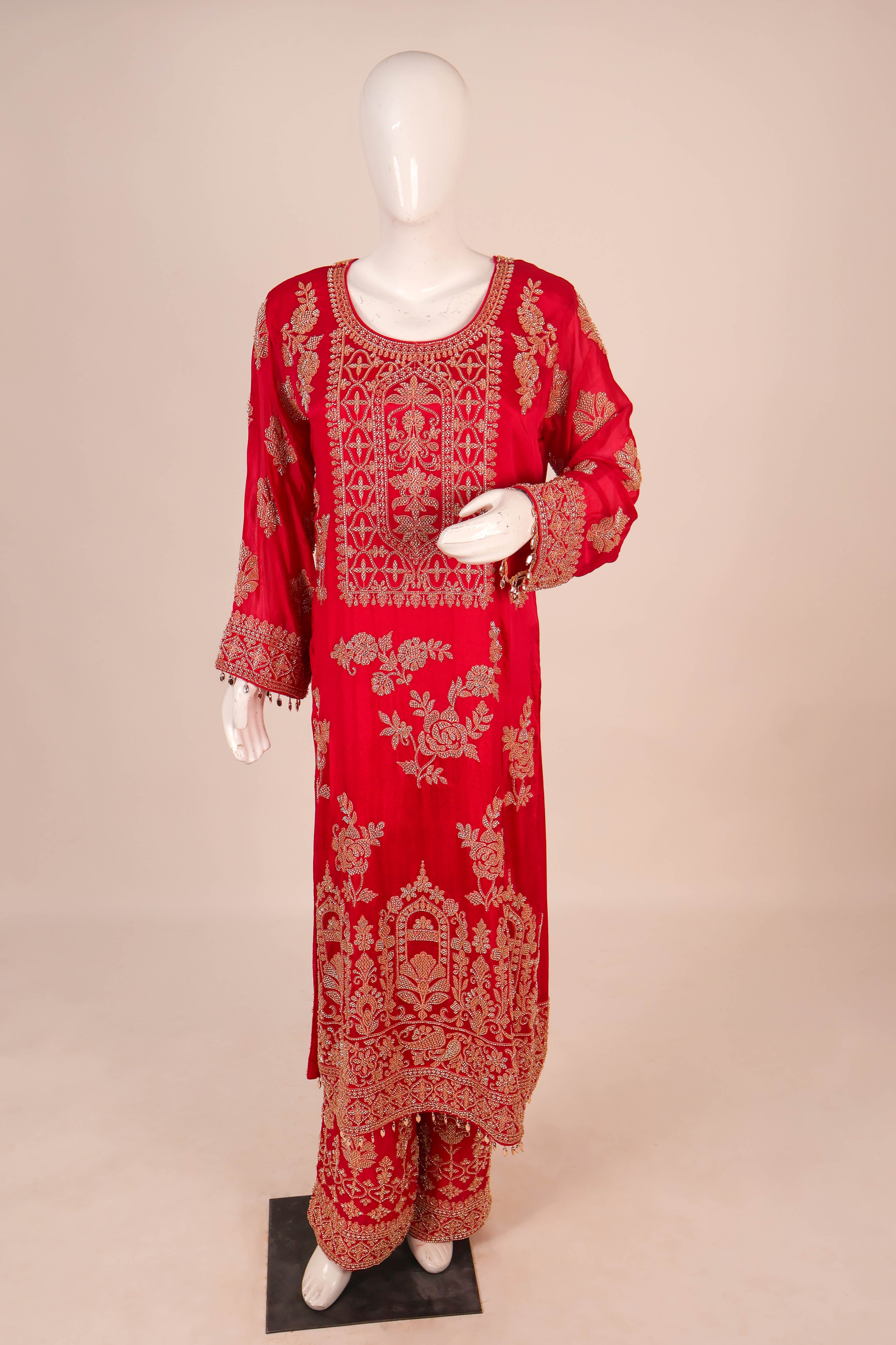 Red Embroidered Silk Salwar Suit Set