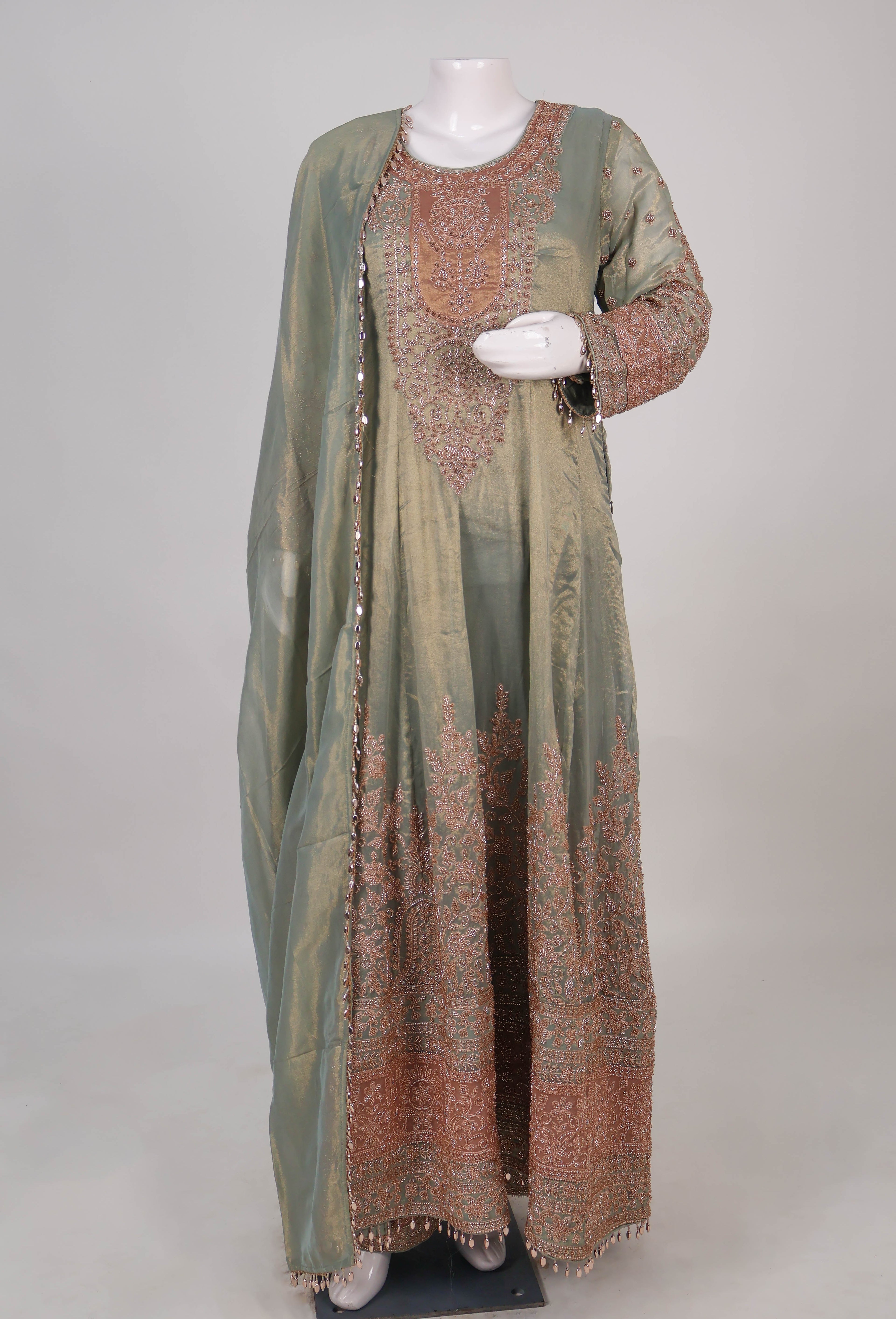 Elegant Sage Green & Rose Gold Hand-Embroidered Anarkali Set