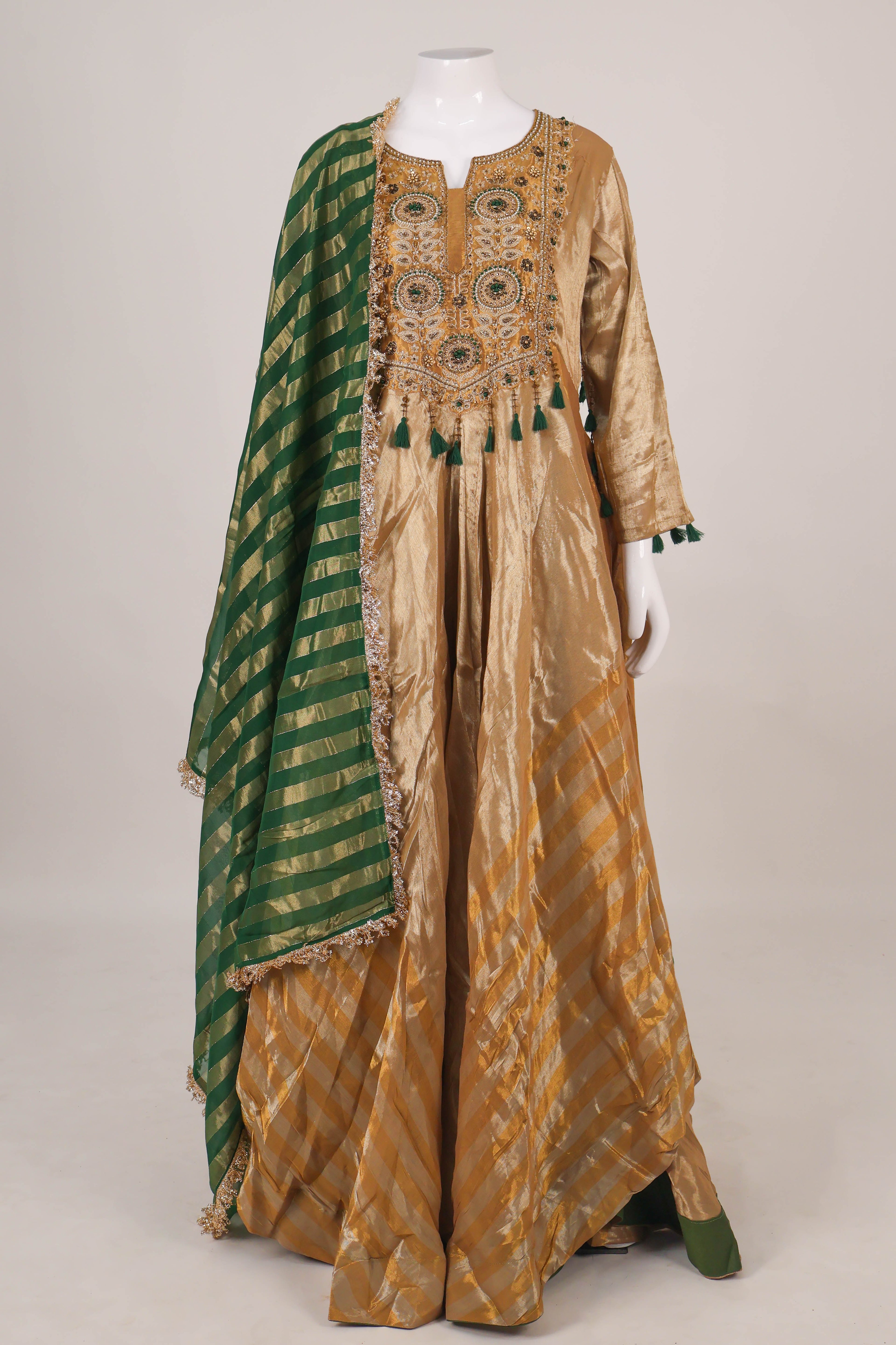 Gold & Emerald Green Hand-Embroidered Anarkali Set