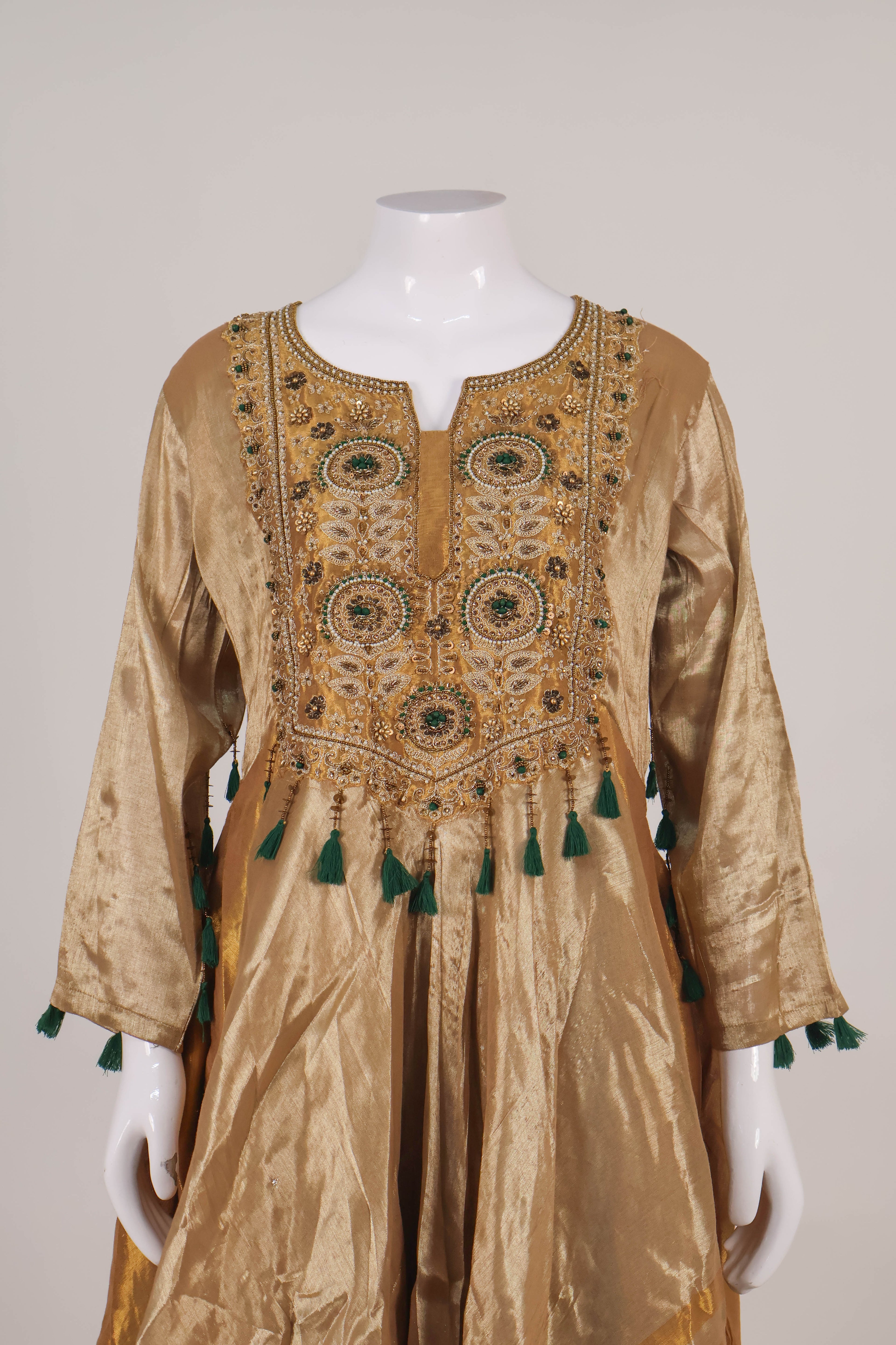 Gold & Emerald Green Hand-Embroidered Anarkali Set