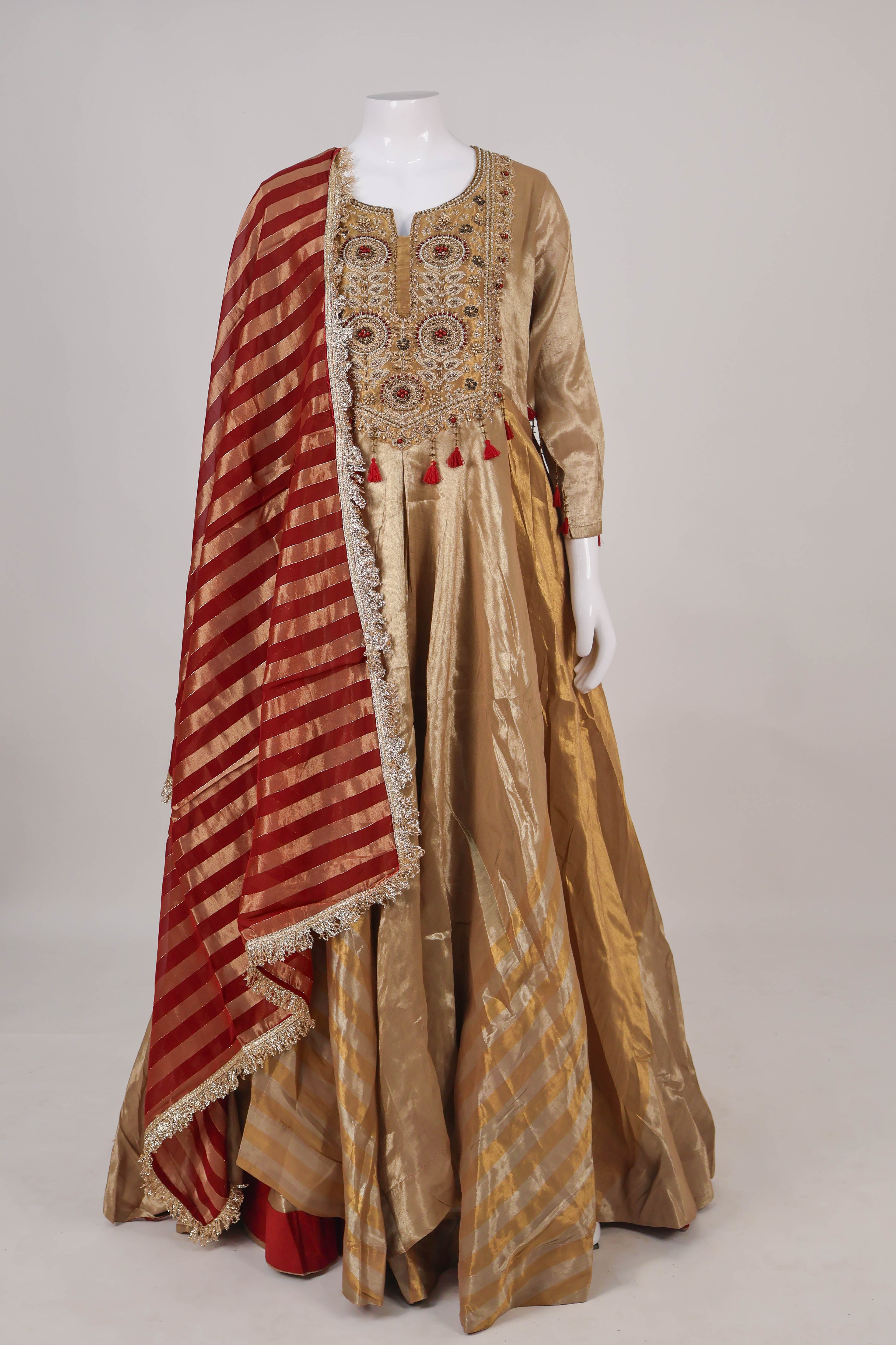 Regal Antique Gold & Red Hand-Embroidered Anarkali Set