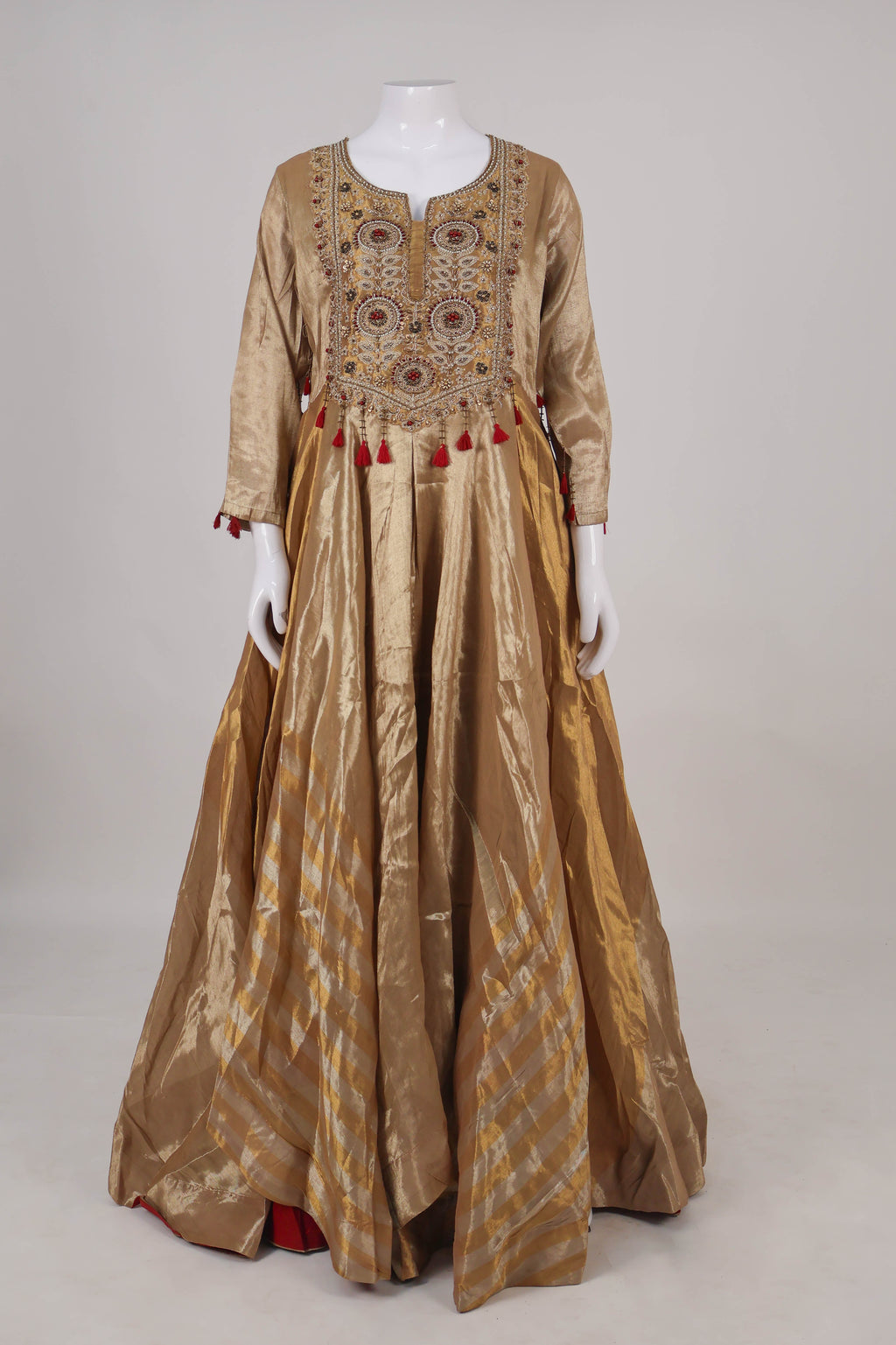 Regal Antique Gold & Red Hand-Embroidered Anarkali Set