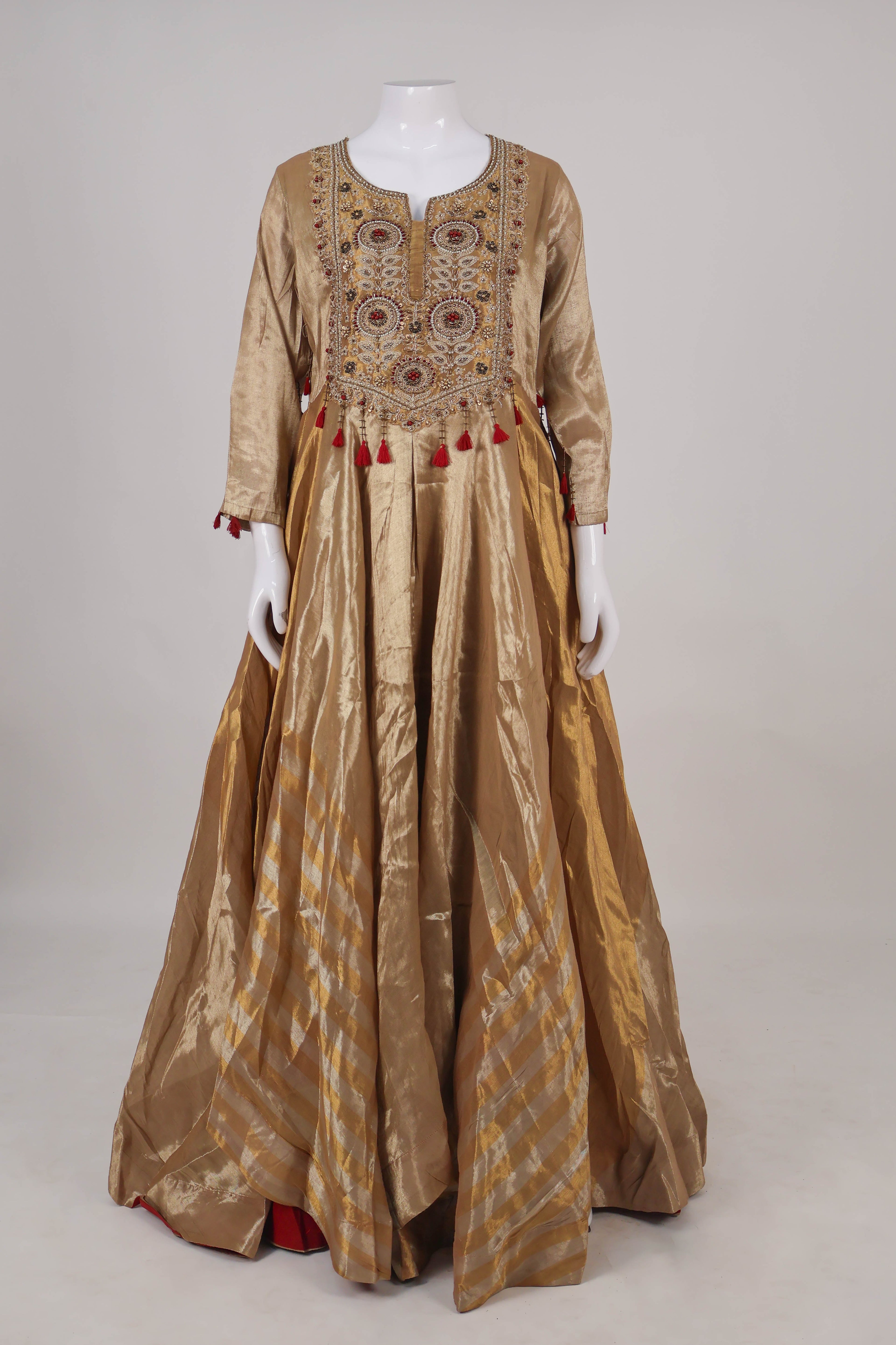 Regal Antique Gold & Red Hand-Embroidered Anarkali Set