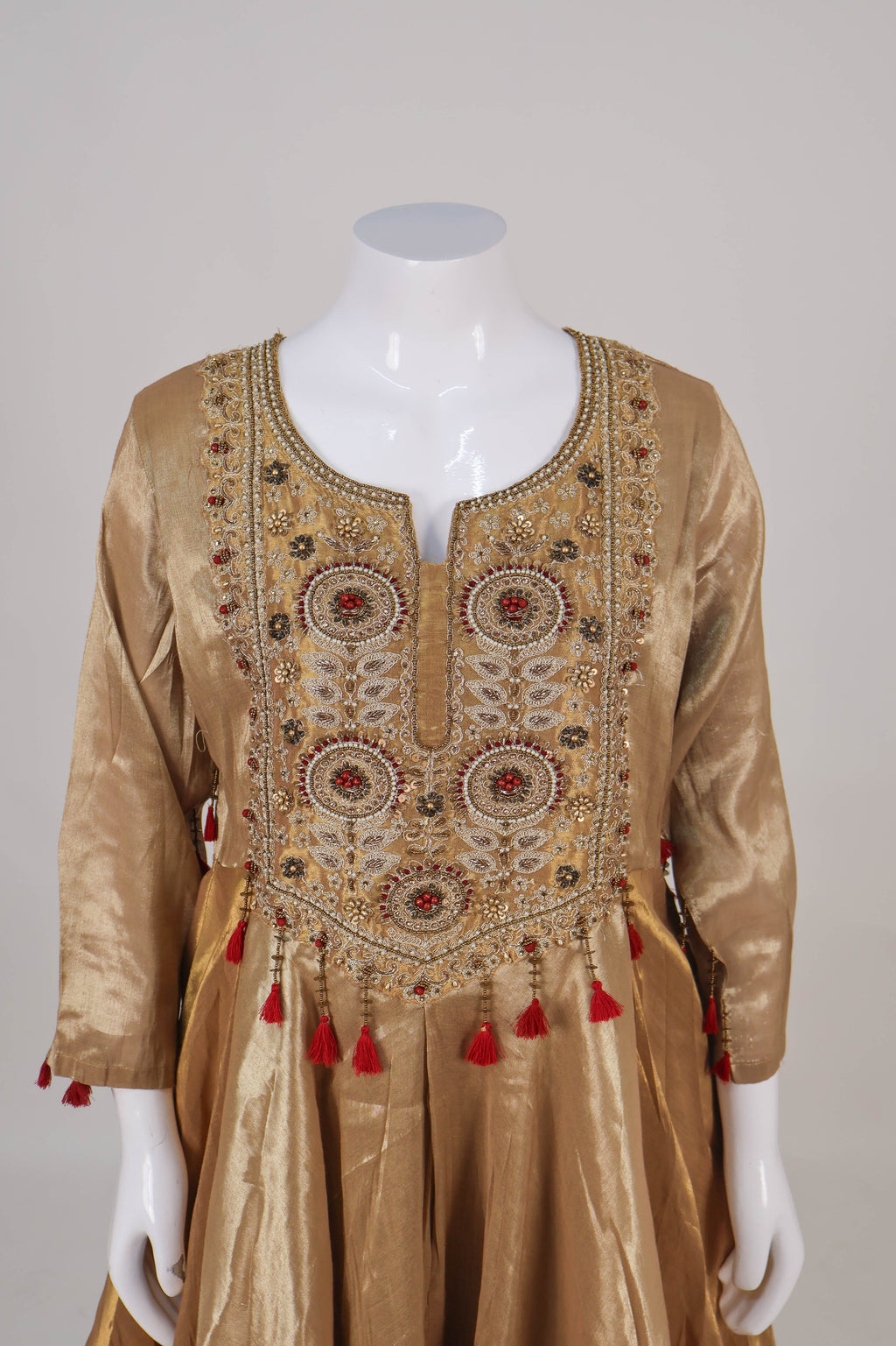 Regal Antique Gold & Red Hand-Embroidered Anarkali Set