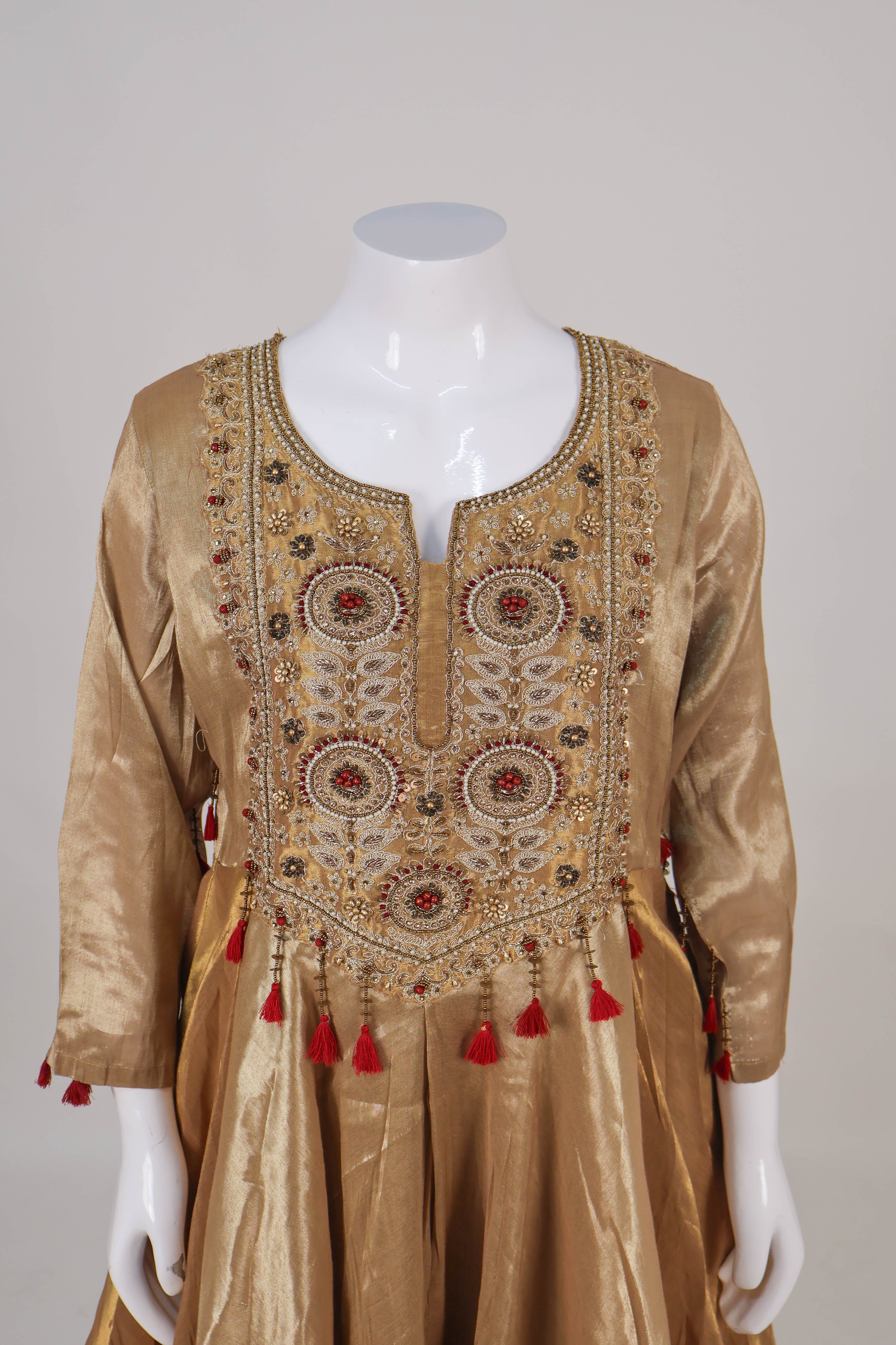 Regal Antique Gold & Red Hand-Embroidered Anarkali Set