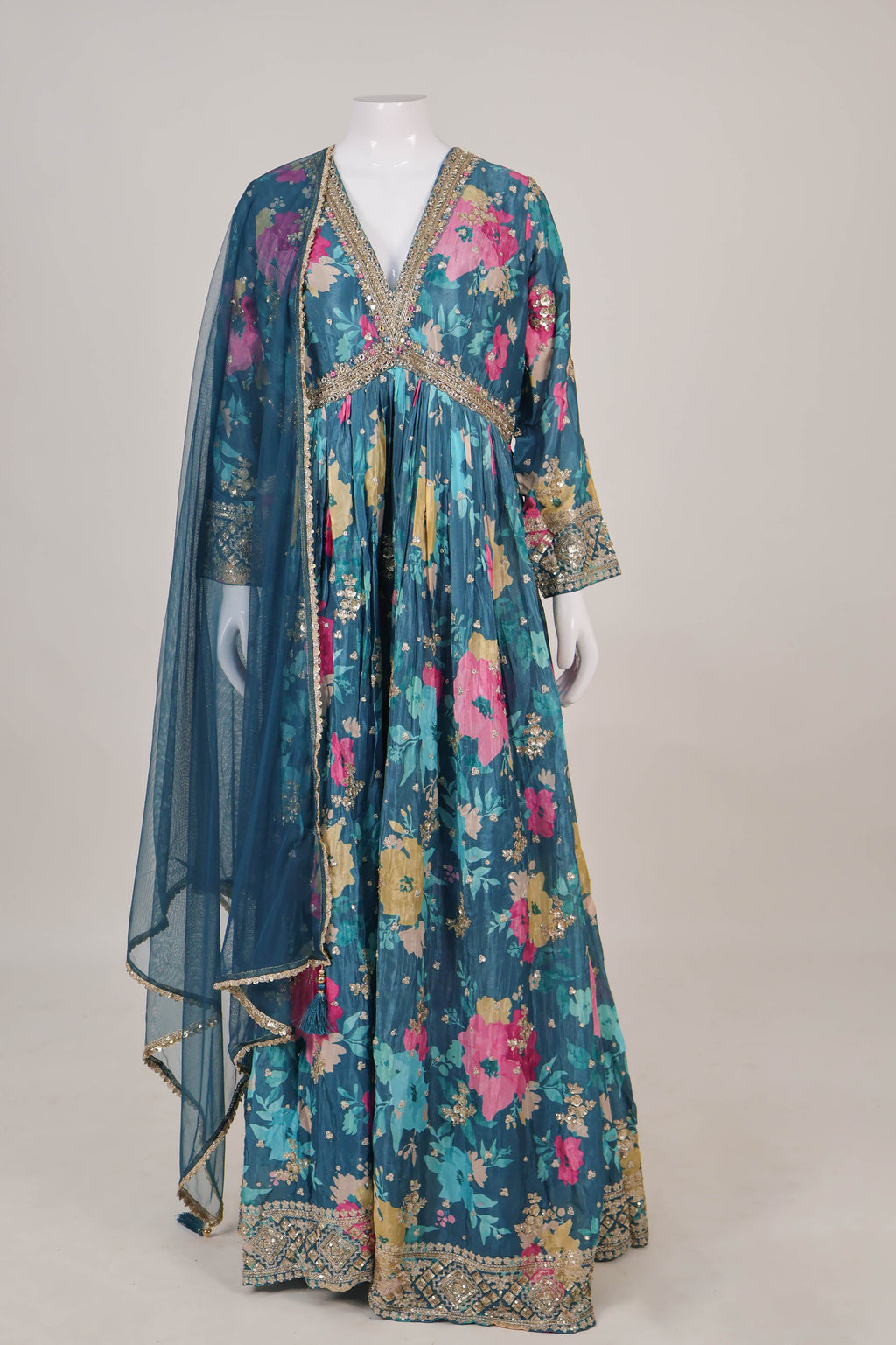 Vibrant Teal Floral Anarkali Set with Gota Patti Highlights
