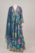 Vibrant Teal Floral Anarkali Set with Gota Patti Highlights