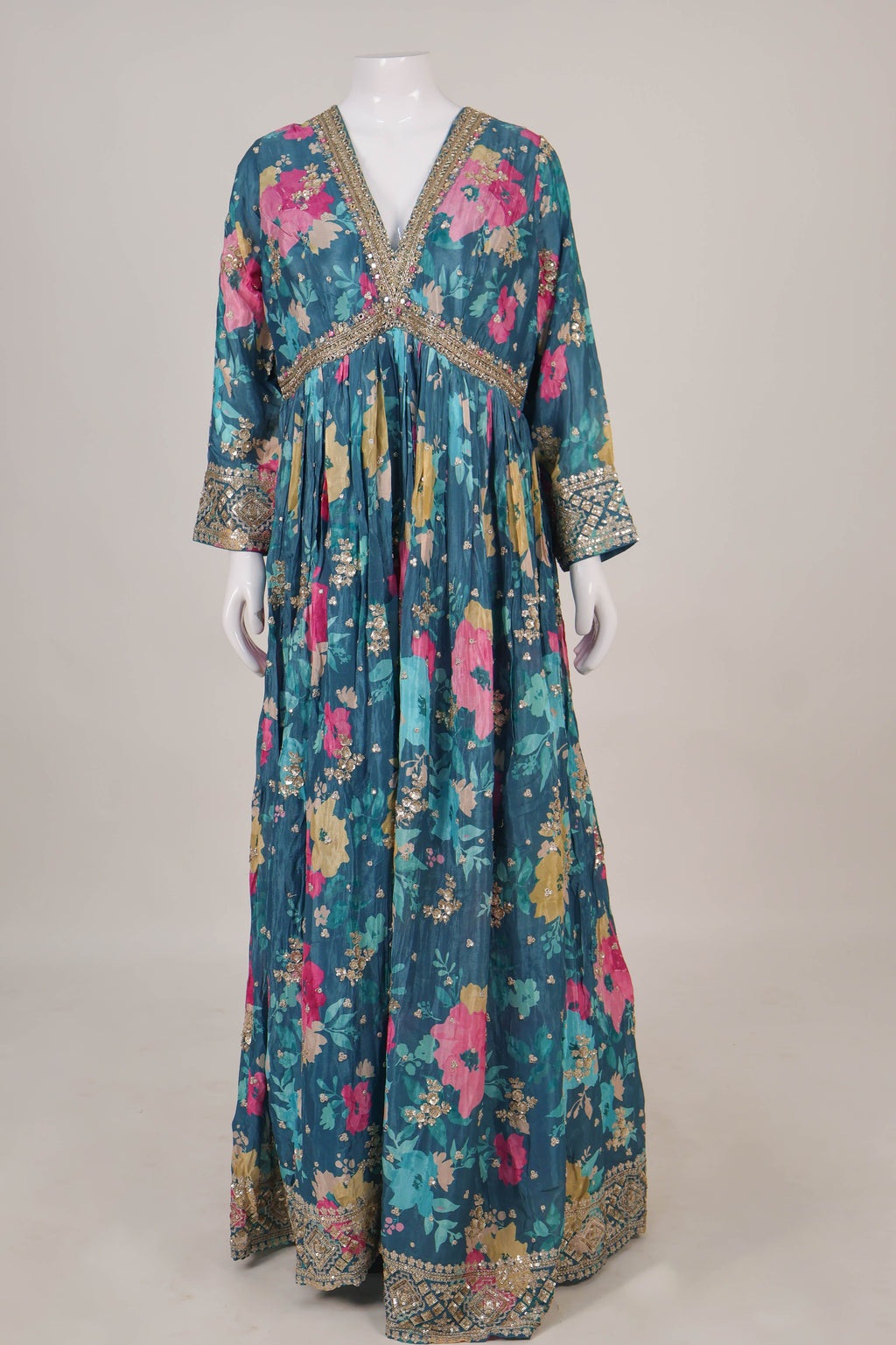 Vibrant Teal Floral Anarkali Set with Gota Patti Highlights