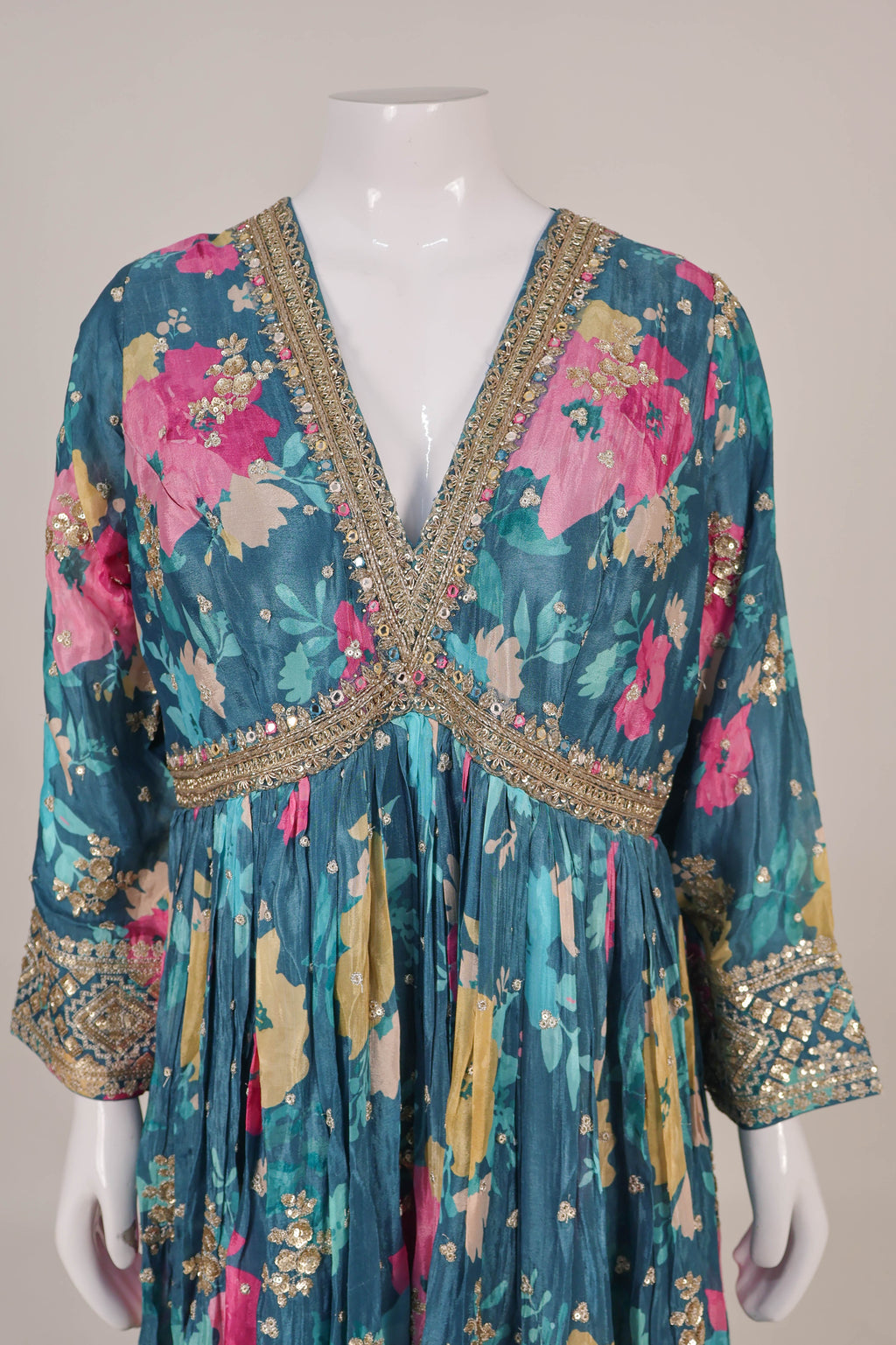 Vibrant Teal Floral Anarkali Set with Gota Patti Highlights