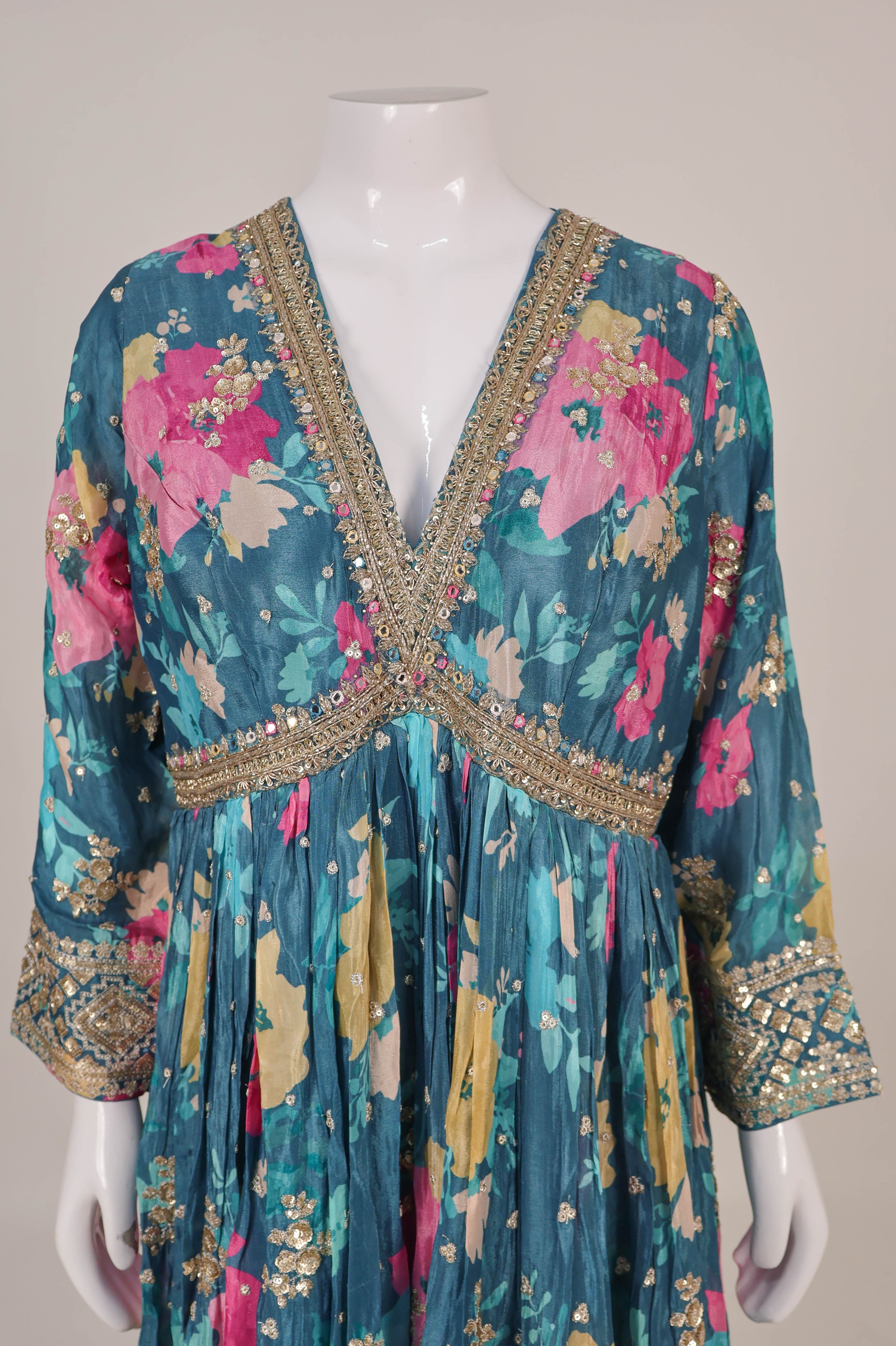 Vibrant Teal Floral Anarkali Set with Gota Patti Highlights
