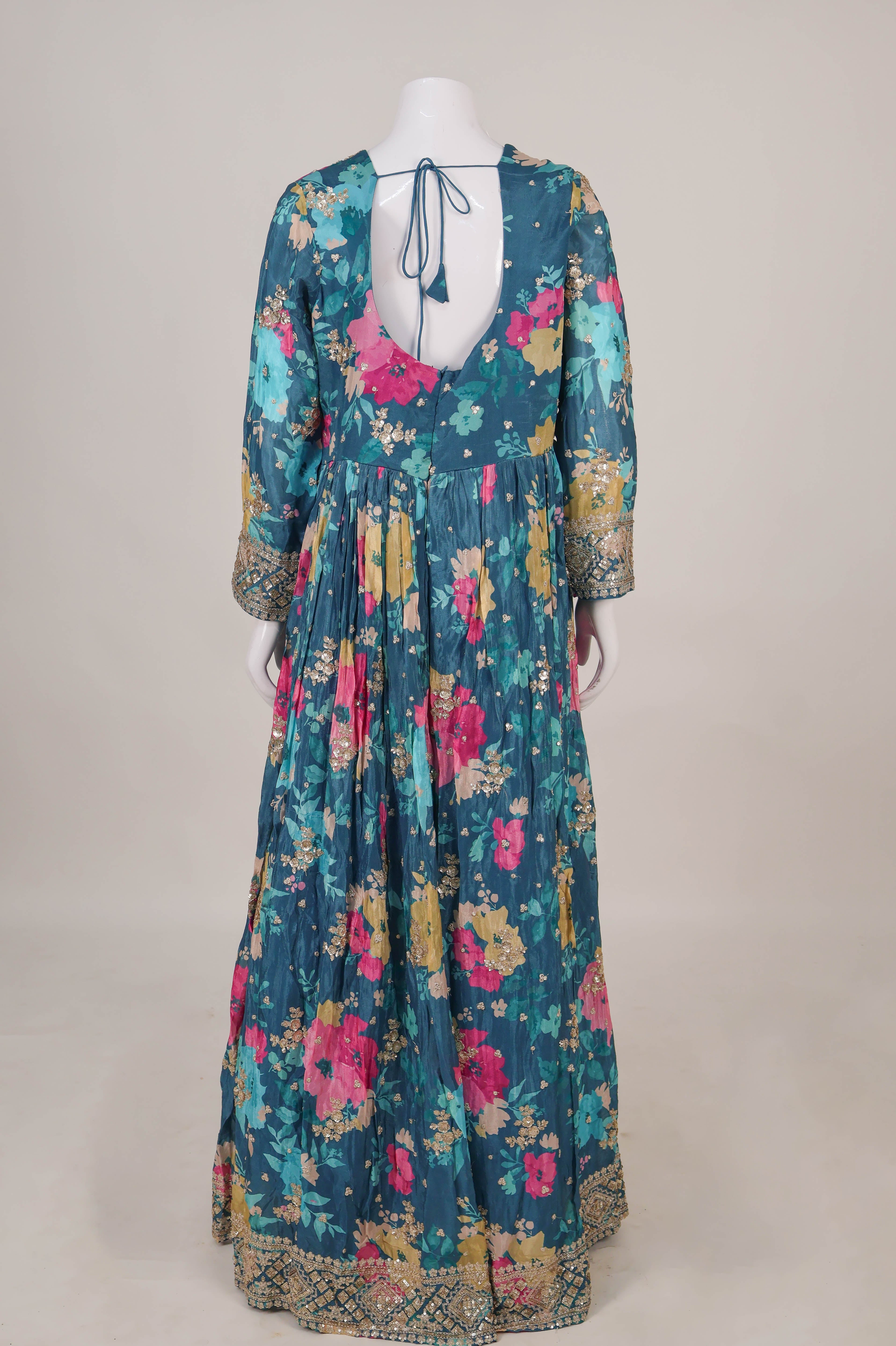 Vibrant Teal Floral Anarkali Set with Gota Patti Highlights
