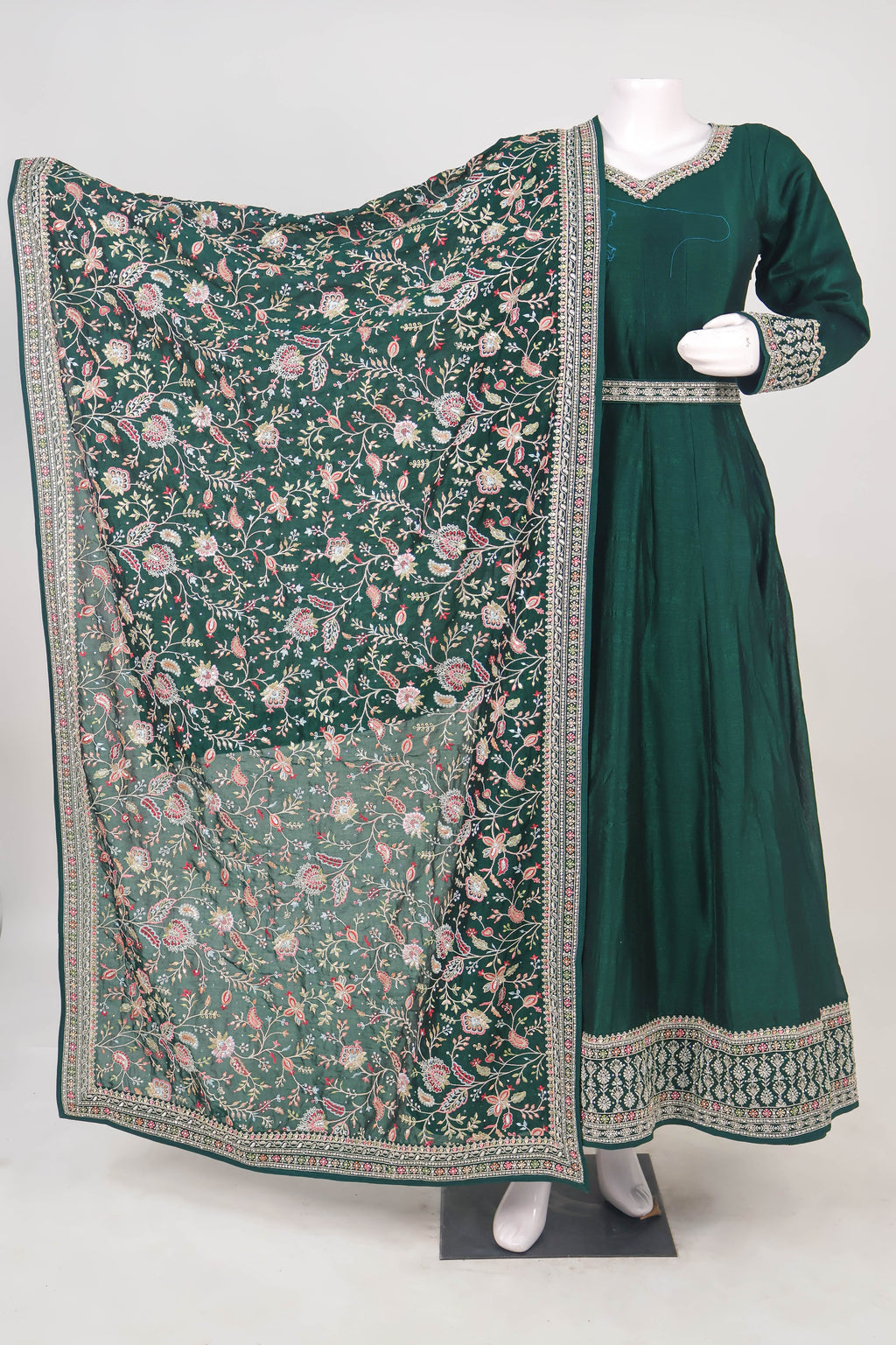 Silk Anarkali Gown with Intricate Kashmiri-Style Dupatta