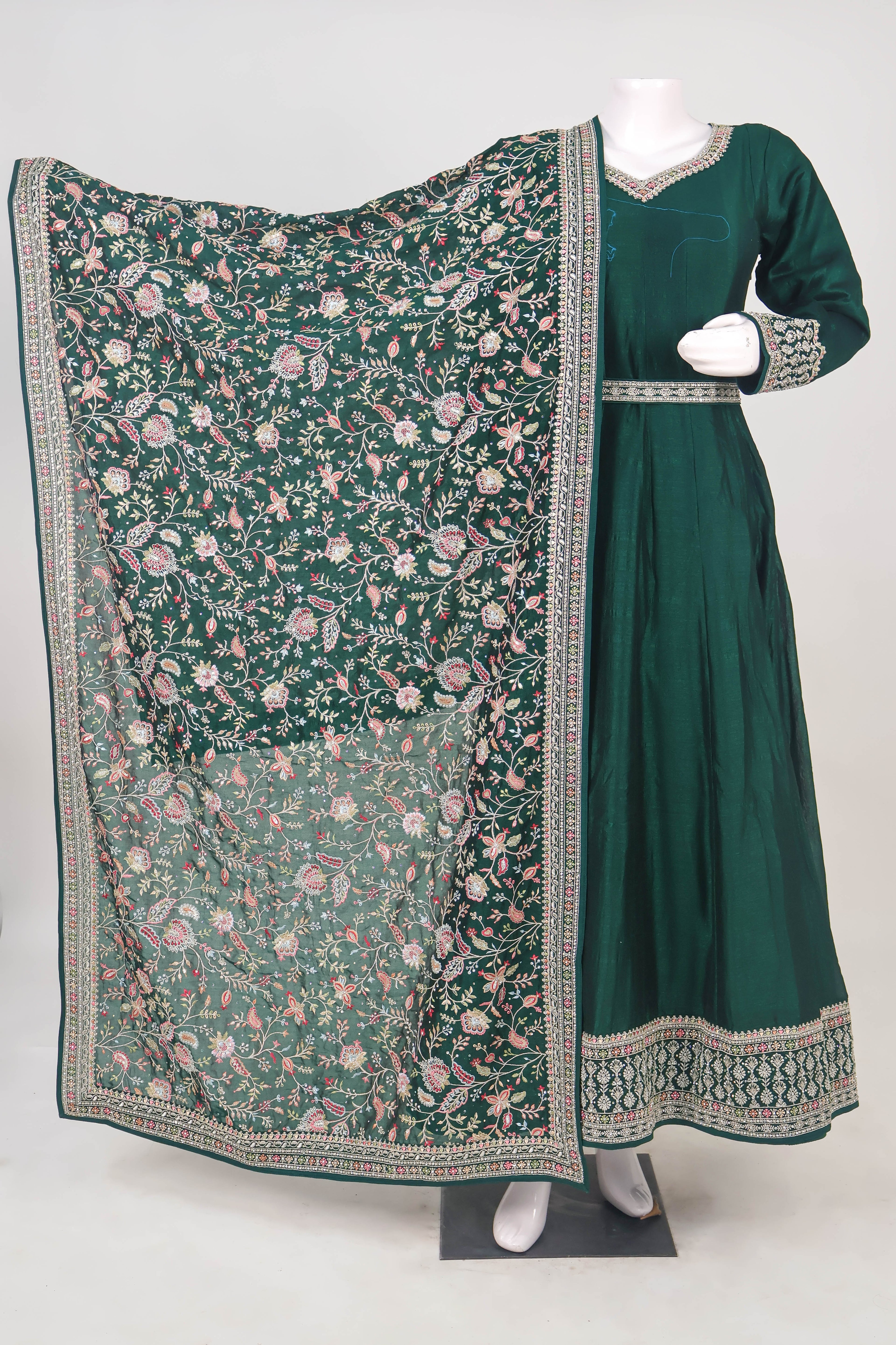 Silk Anarkali Gown with Intricate Kashmiri-Style Dupatta
