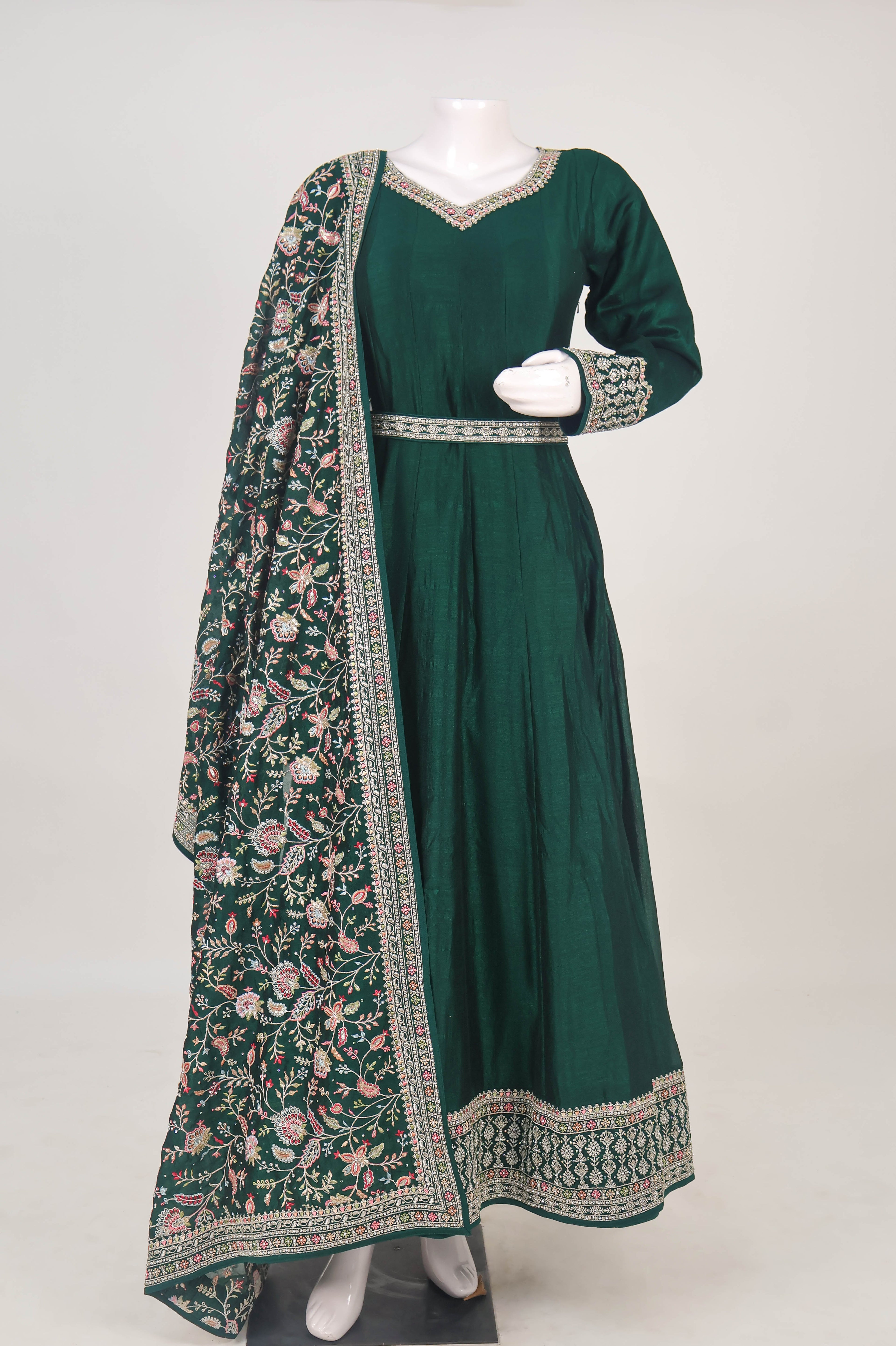 Silk Anarkali Gown with Intricate Kashmiri-Style Dupatta