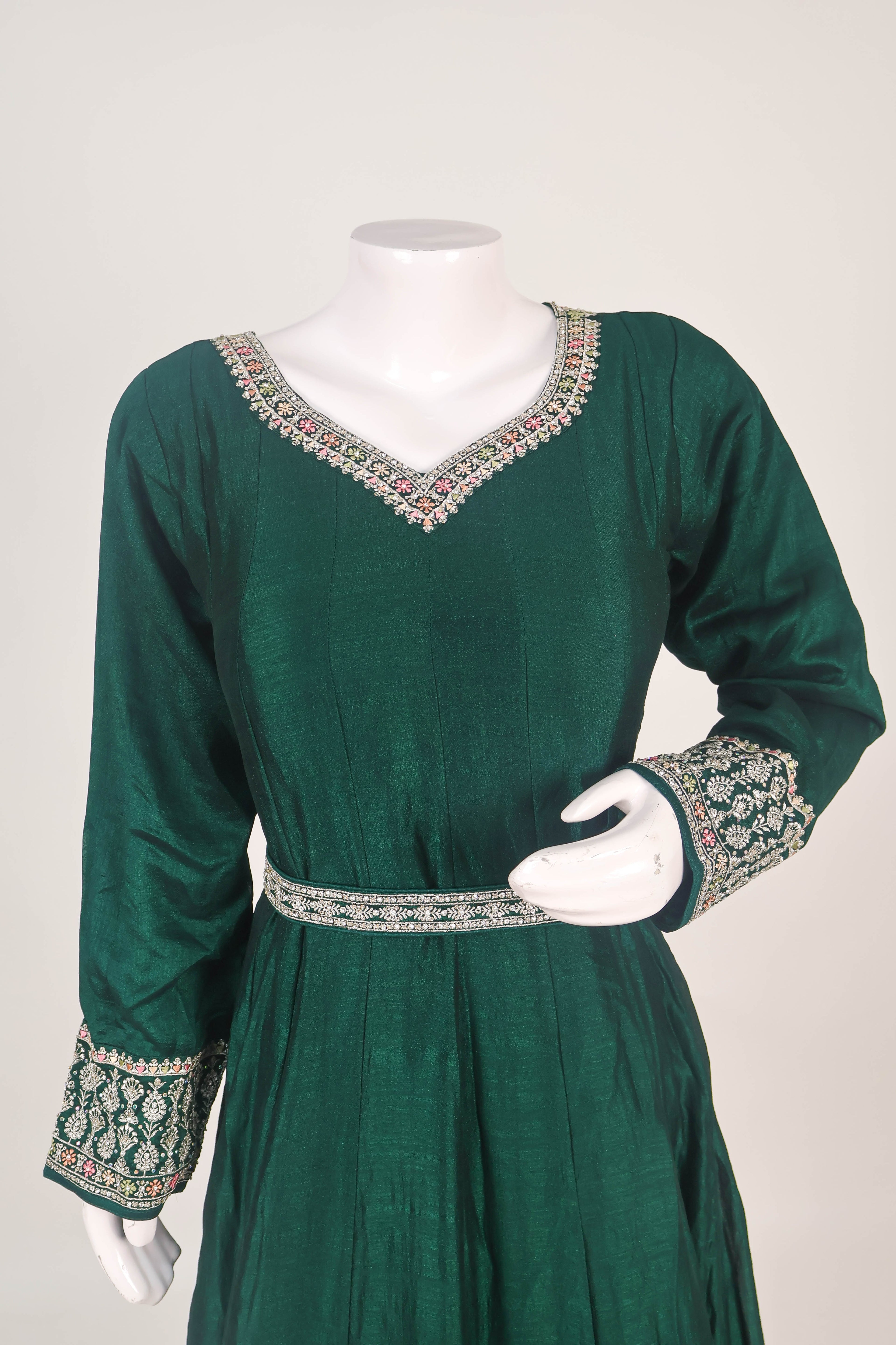 Silk Anarkali Gown with Intricate Kashmiri-Style Dupatta