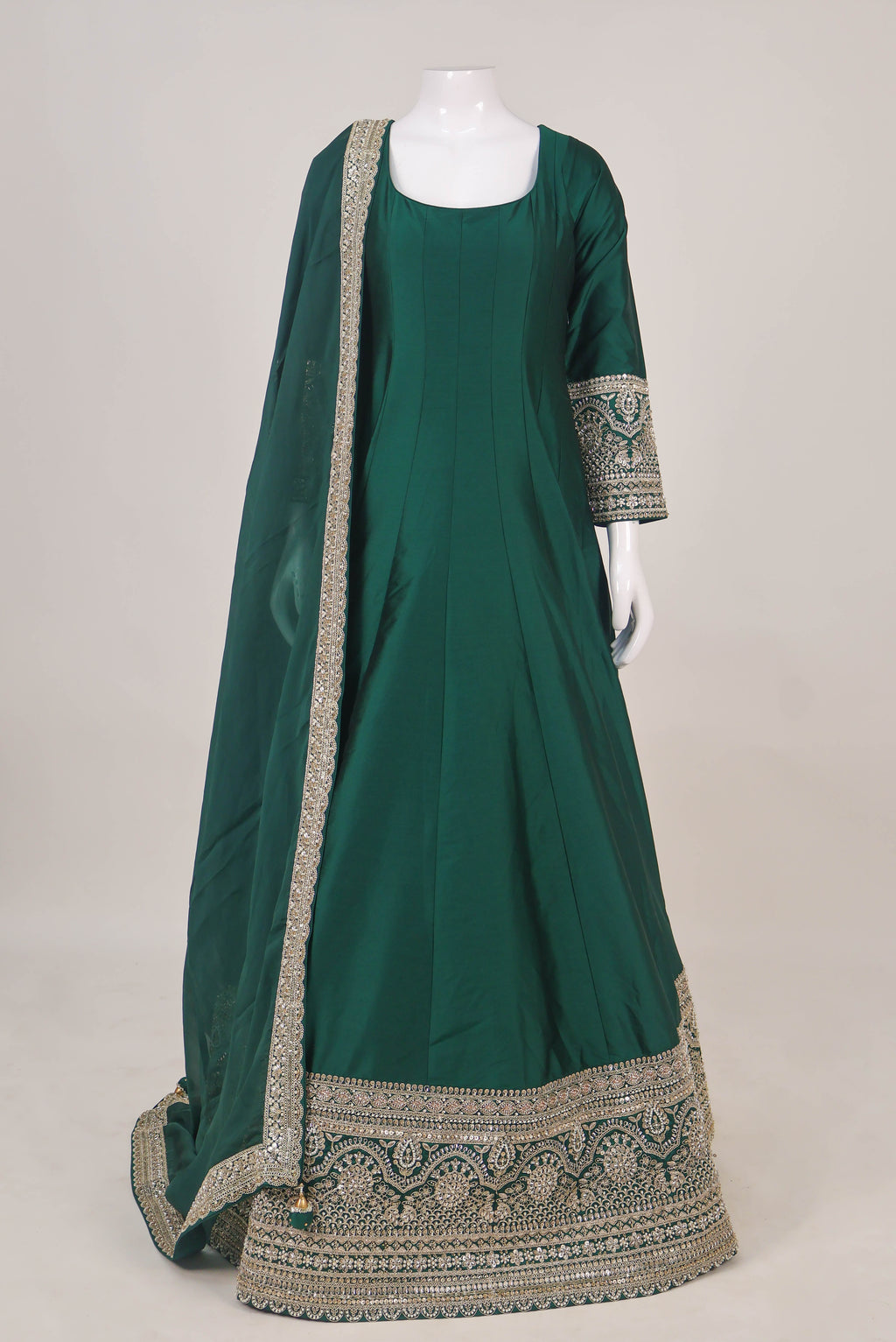 Green Silk Anarkali Gown with Intricate Zari Work