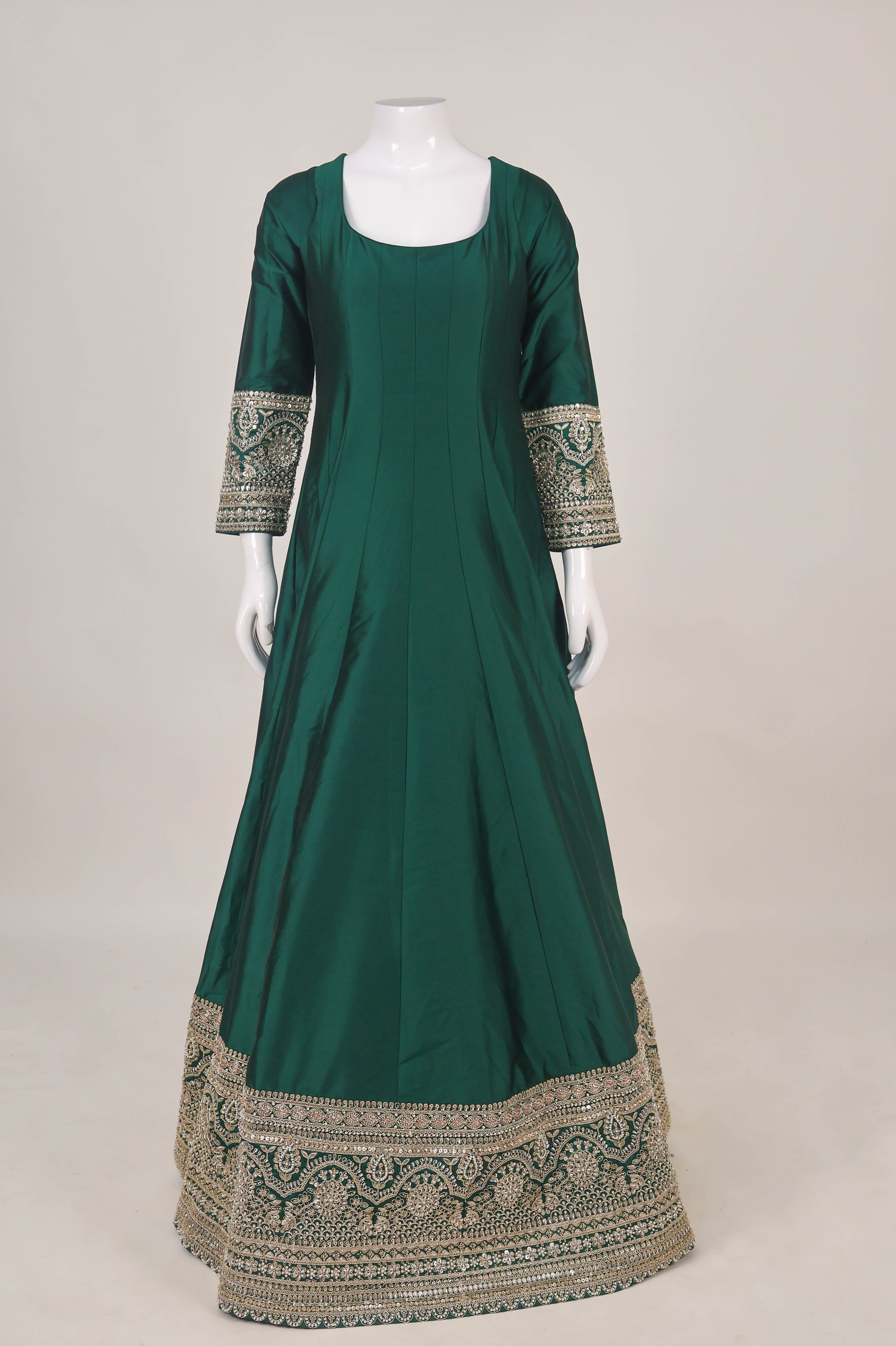 Green Silk Anarkali Gown with Intricate Zari Work