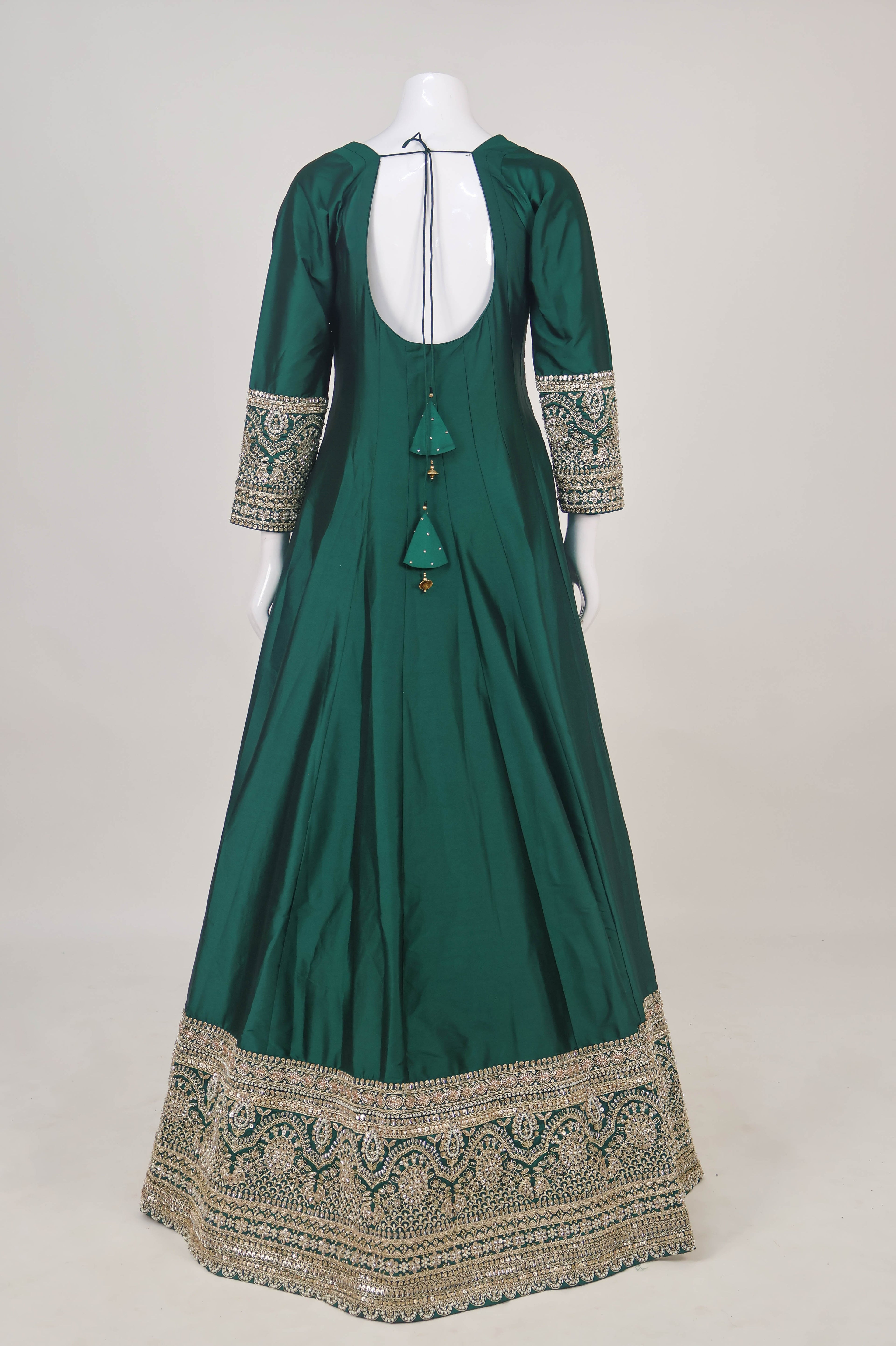 Green Silk Anarkali Gown with Intricate Zari Work
