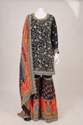 Black Silk Gharara Suit with Vibrant Phulkari-Inspired Accents