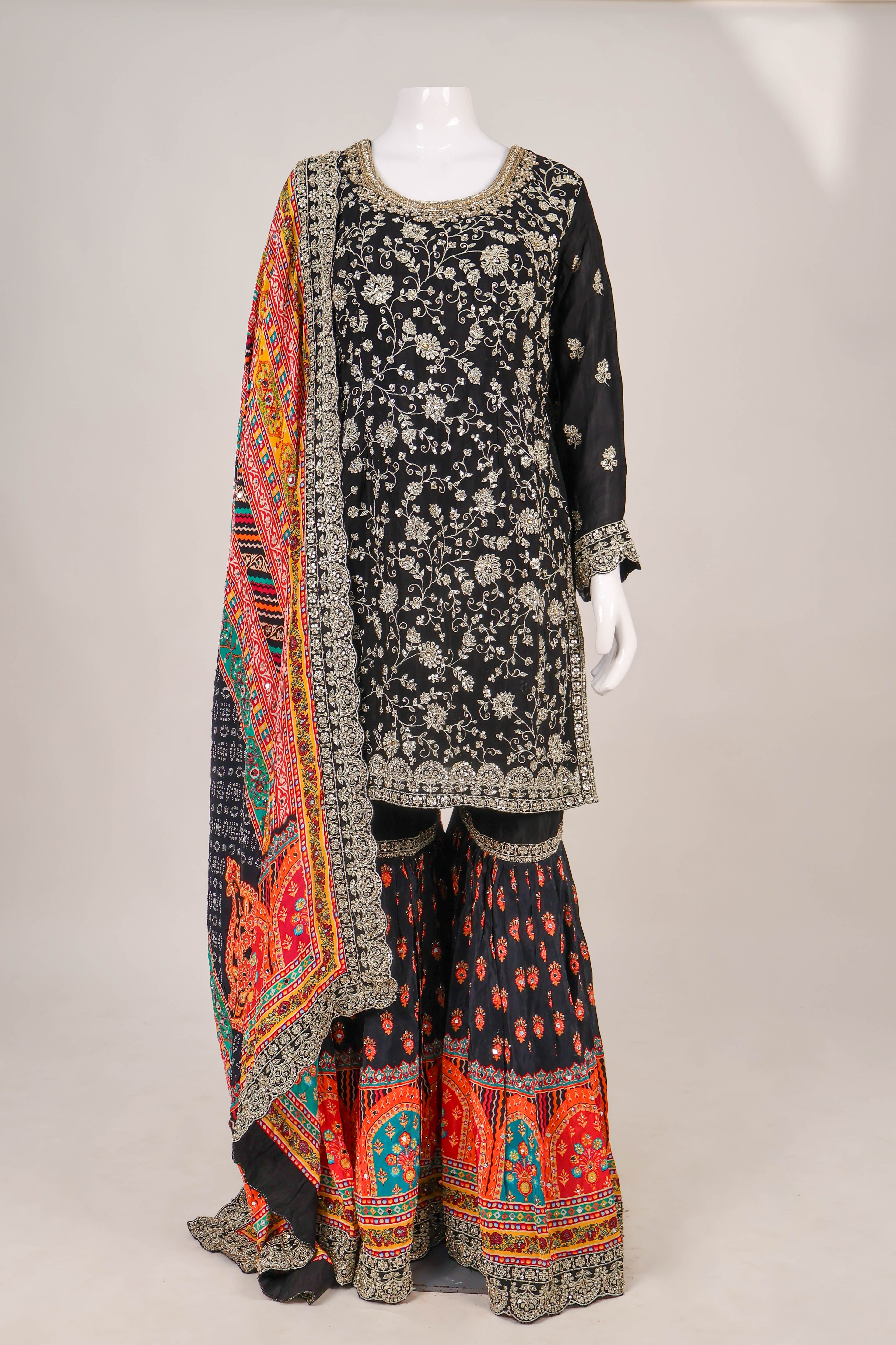 Black Silk Gharara Suit with Vibrant Phulkari-Inspired Accents