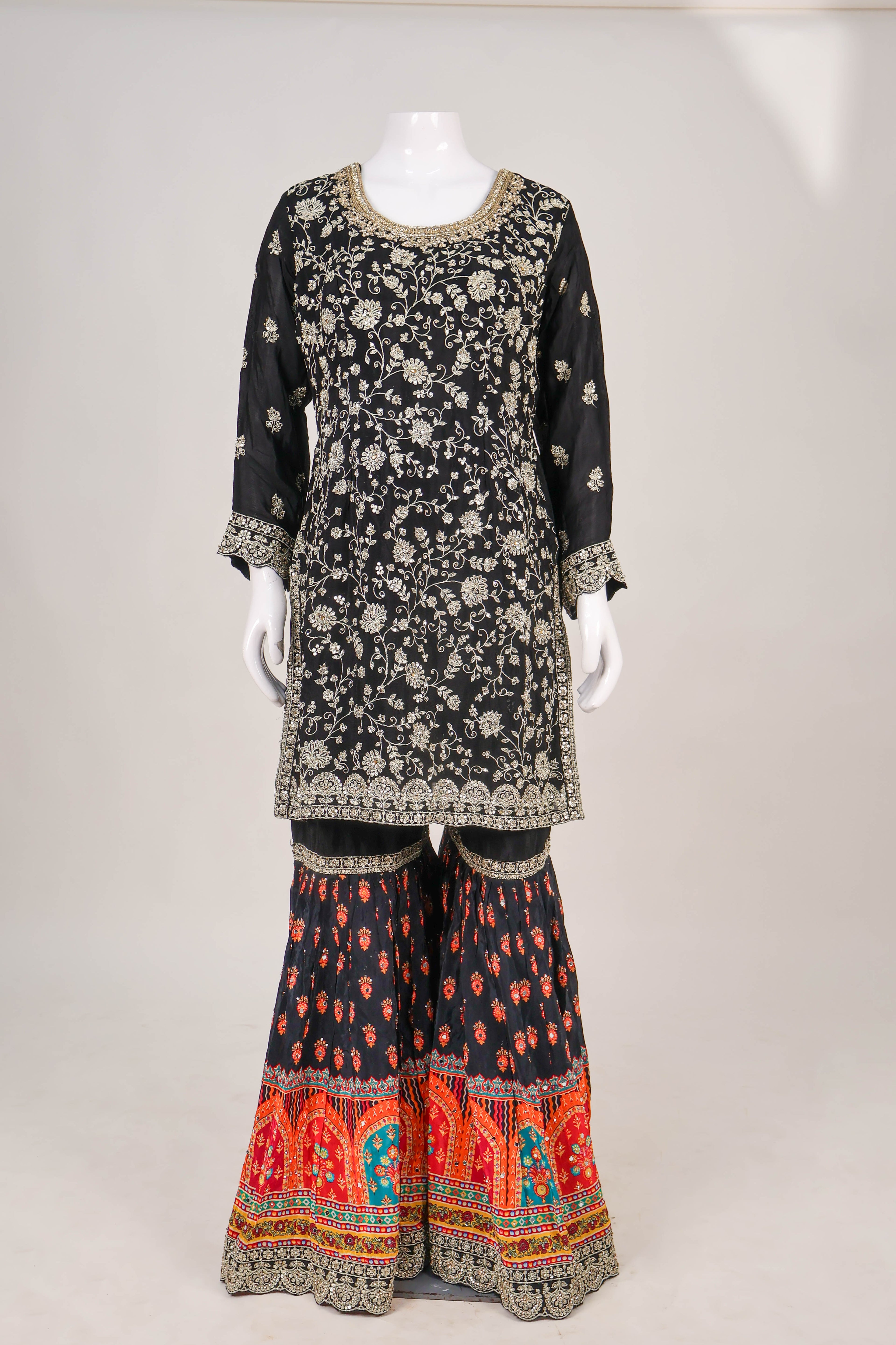 Black Silk Gharara Suit with Vibrant Phulkari-Inspired Accents