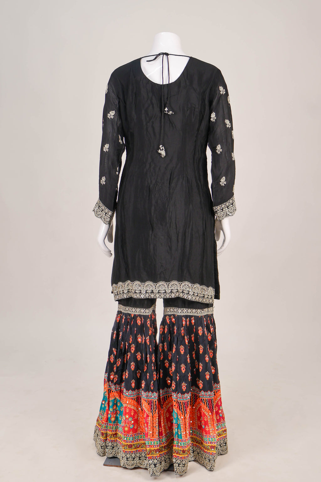 Black Silk Gharara Suit with Vibrant Phulkari-Inspired Accents
