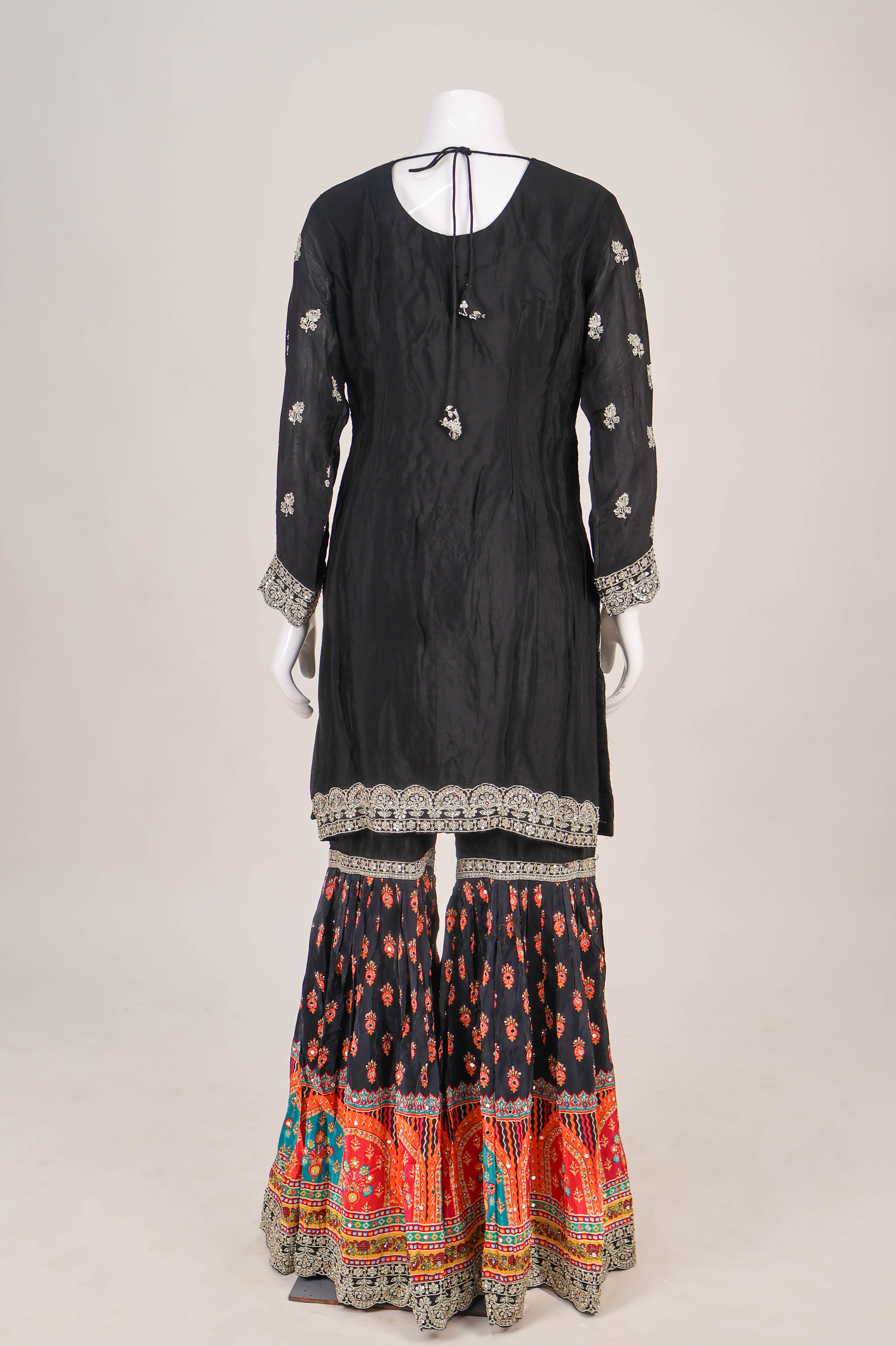 Black Silk Gharara Suit with Vibrant Phulkari-Inspired Accents