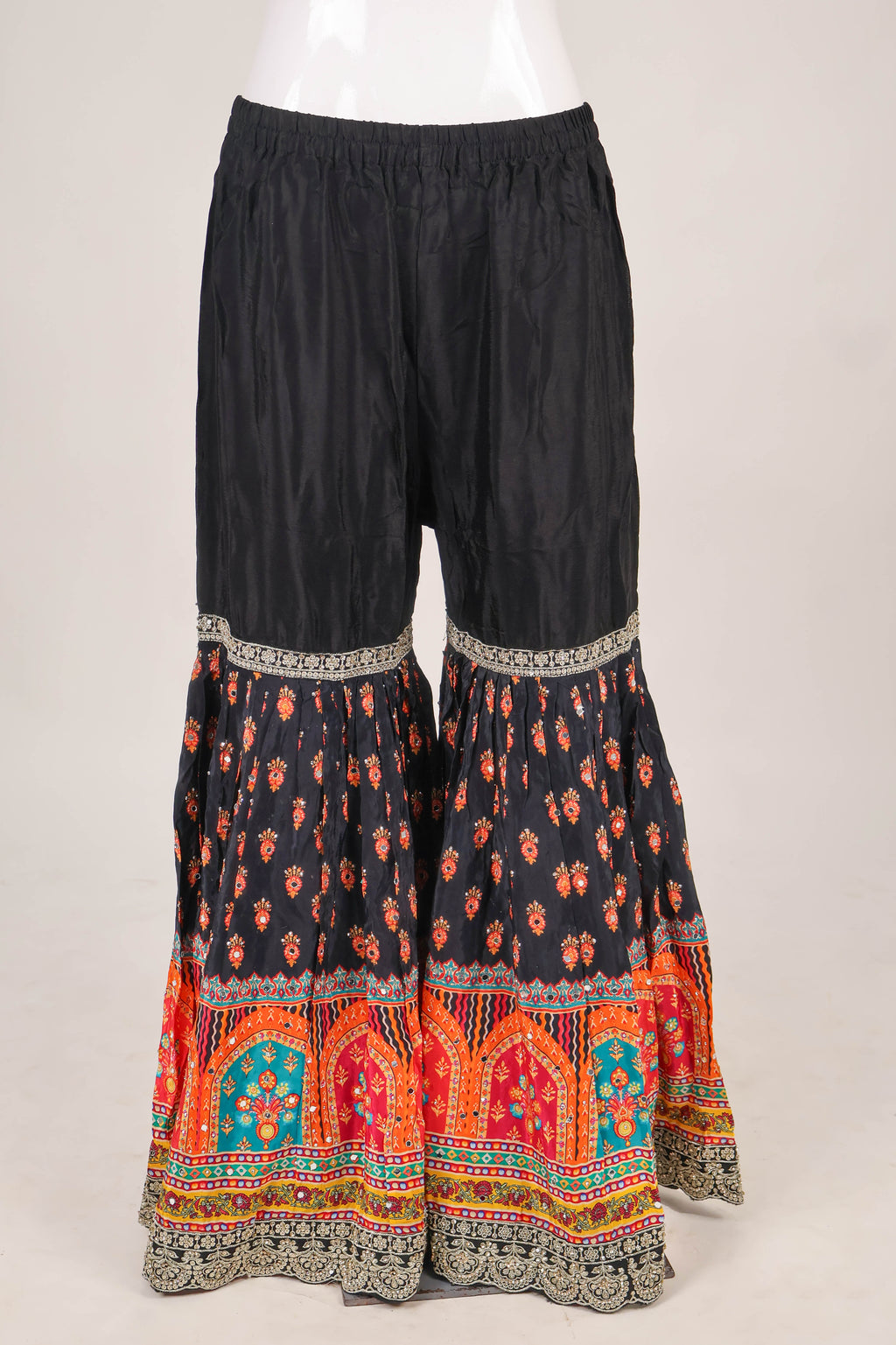 Black Silk Gharara Suit with Vibrant Phulkari-Inspired Accents
