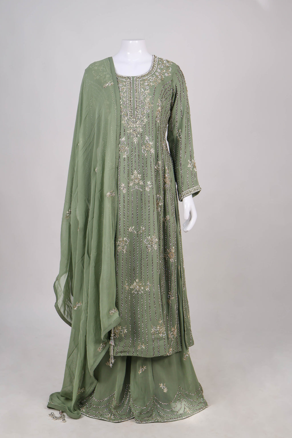 Sage Green Hand-Embroidered Sharara Suit Set with Pearl & Zardoz Work