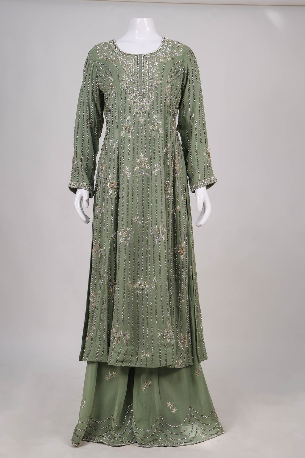 Sage Green Hand-Embroidered Sharara Suit Set with Pearl & Zardoz Work