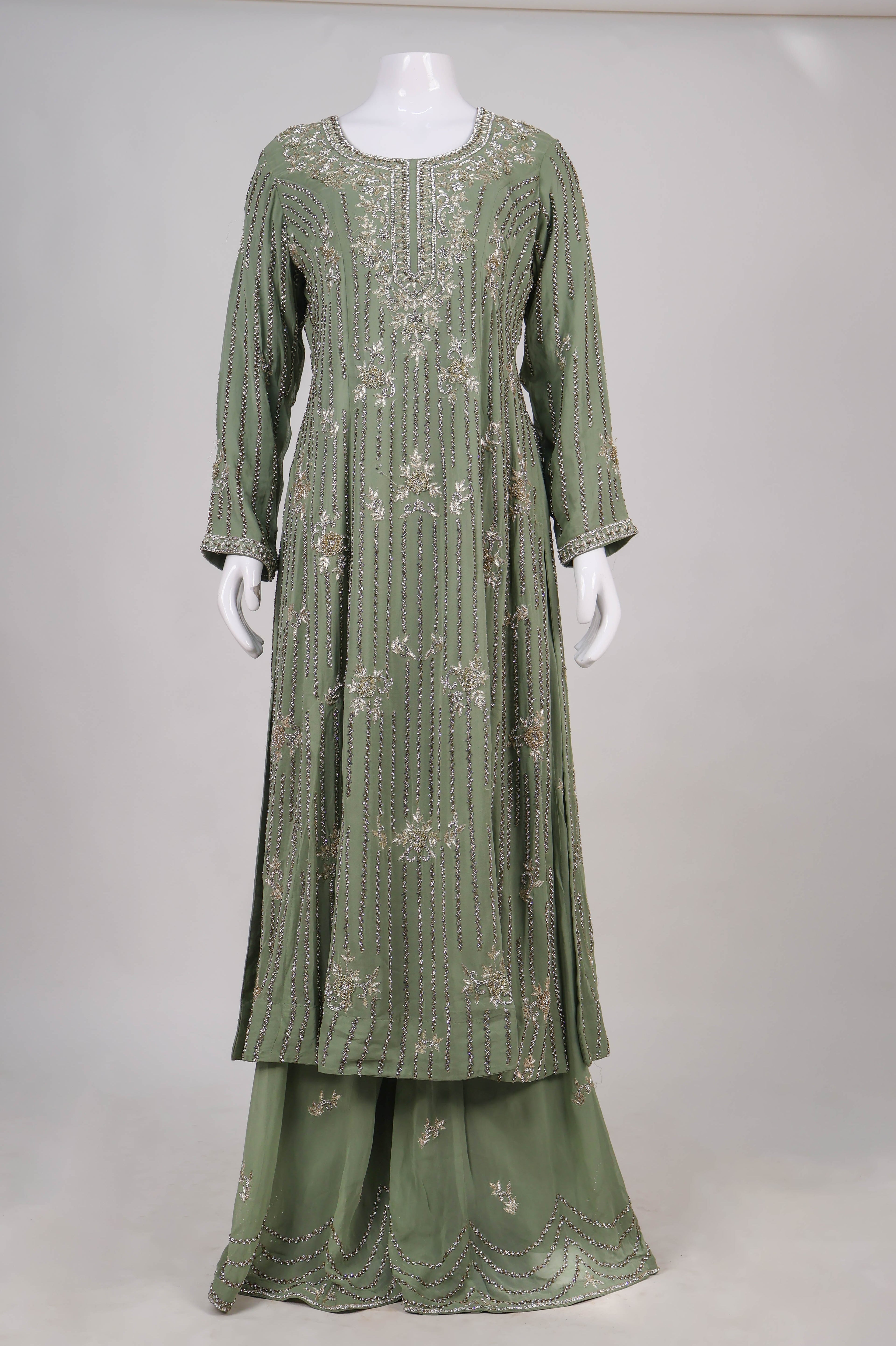Sage Green Hand-Embroidered Sharara Suit Set with Pearl & Zardoz Work