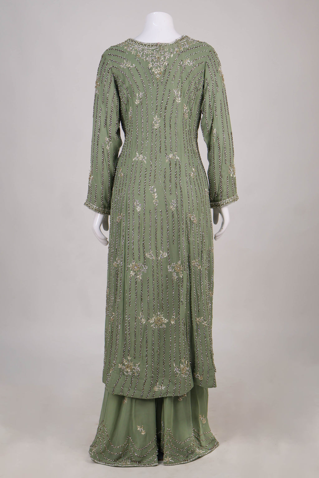 Sage Green Hand-Embroidered Sharara Suit Set with Pearl & Zardoz Work
