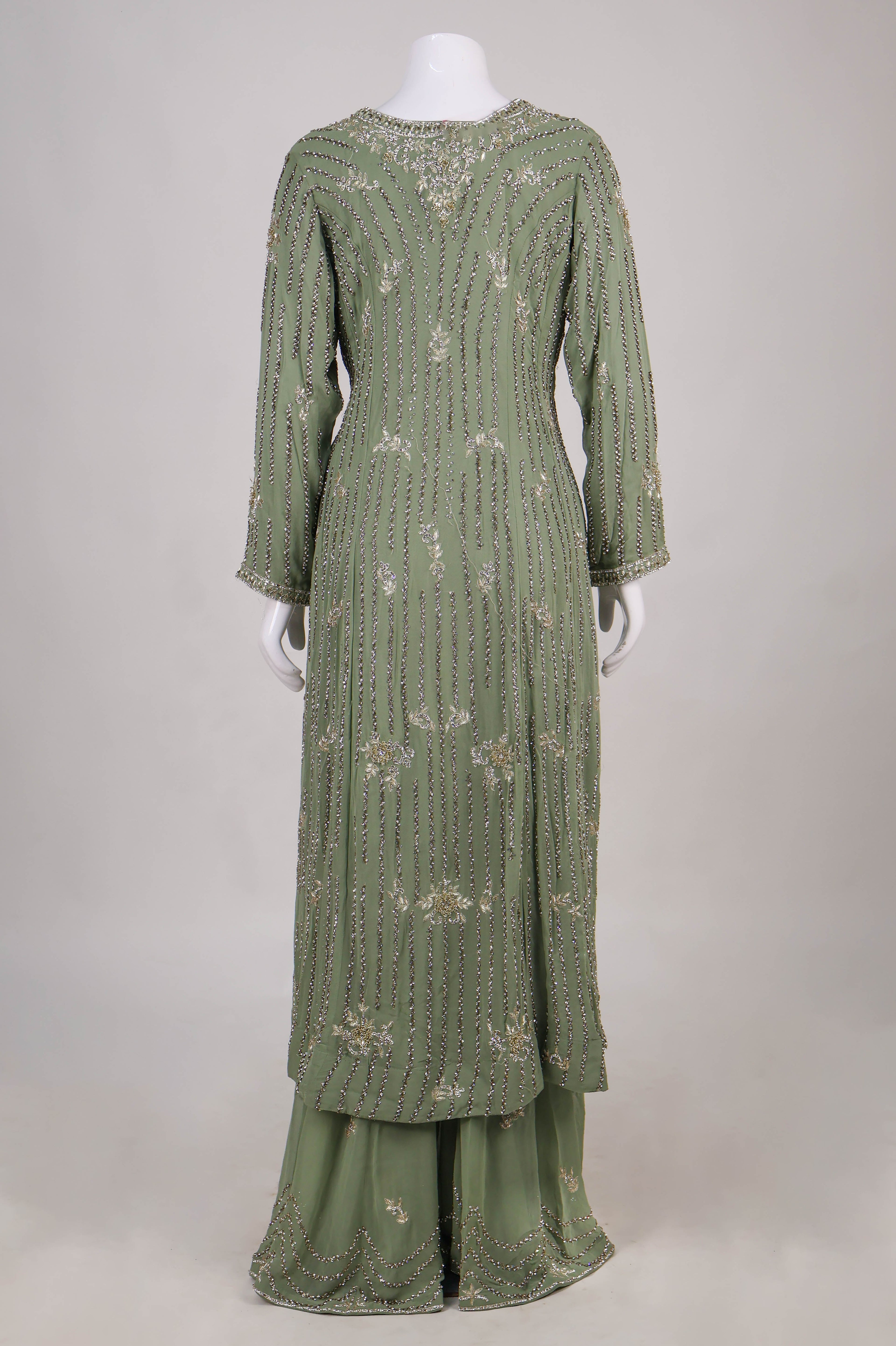 Sage Green Hand-Embroidered Sharara Suit Set with Pearl & Zardoz Work