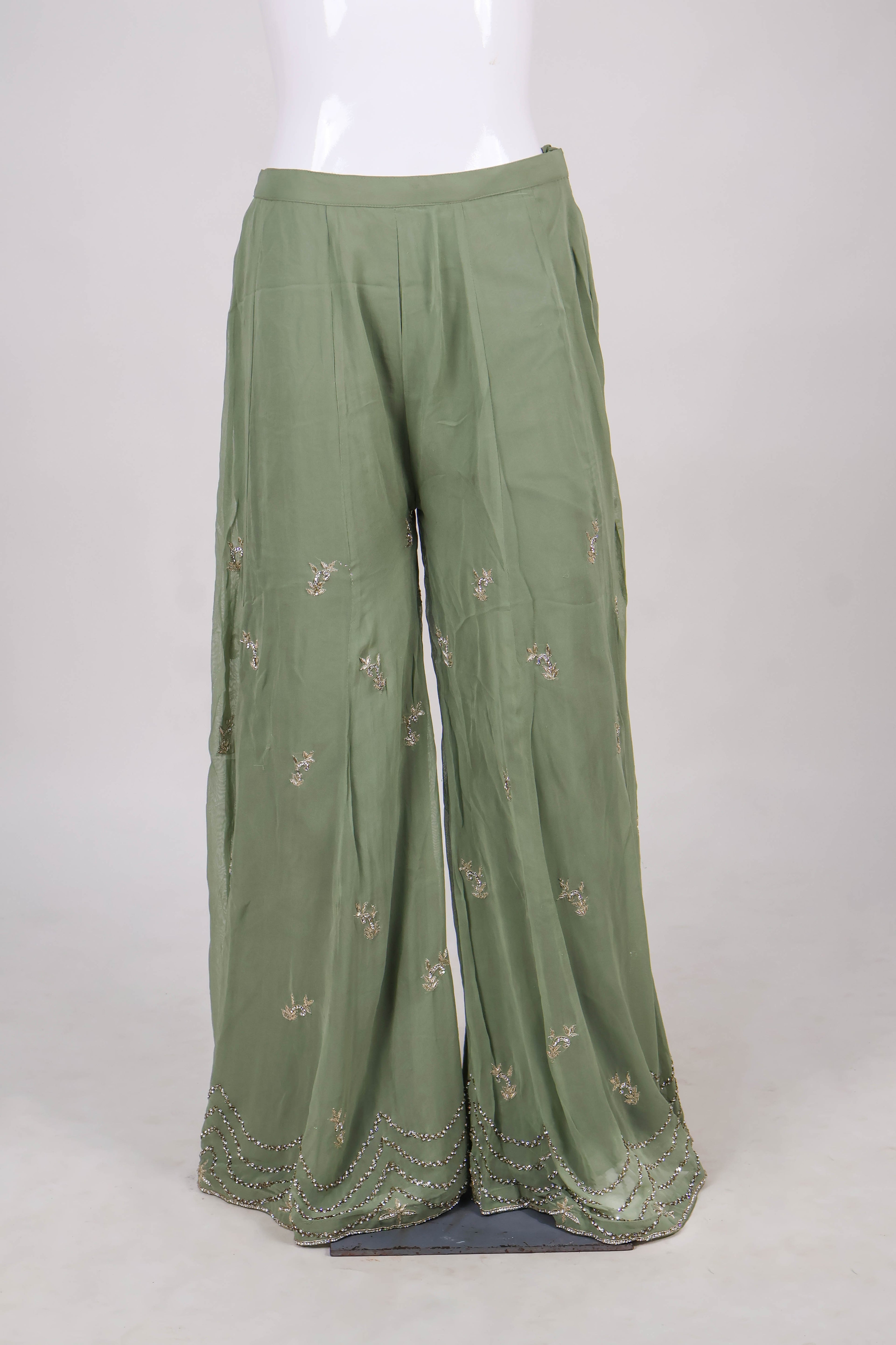 Sage Green Hand-Embroidered Sharara Suit Set with Pearl & Zardoz Work
