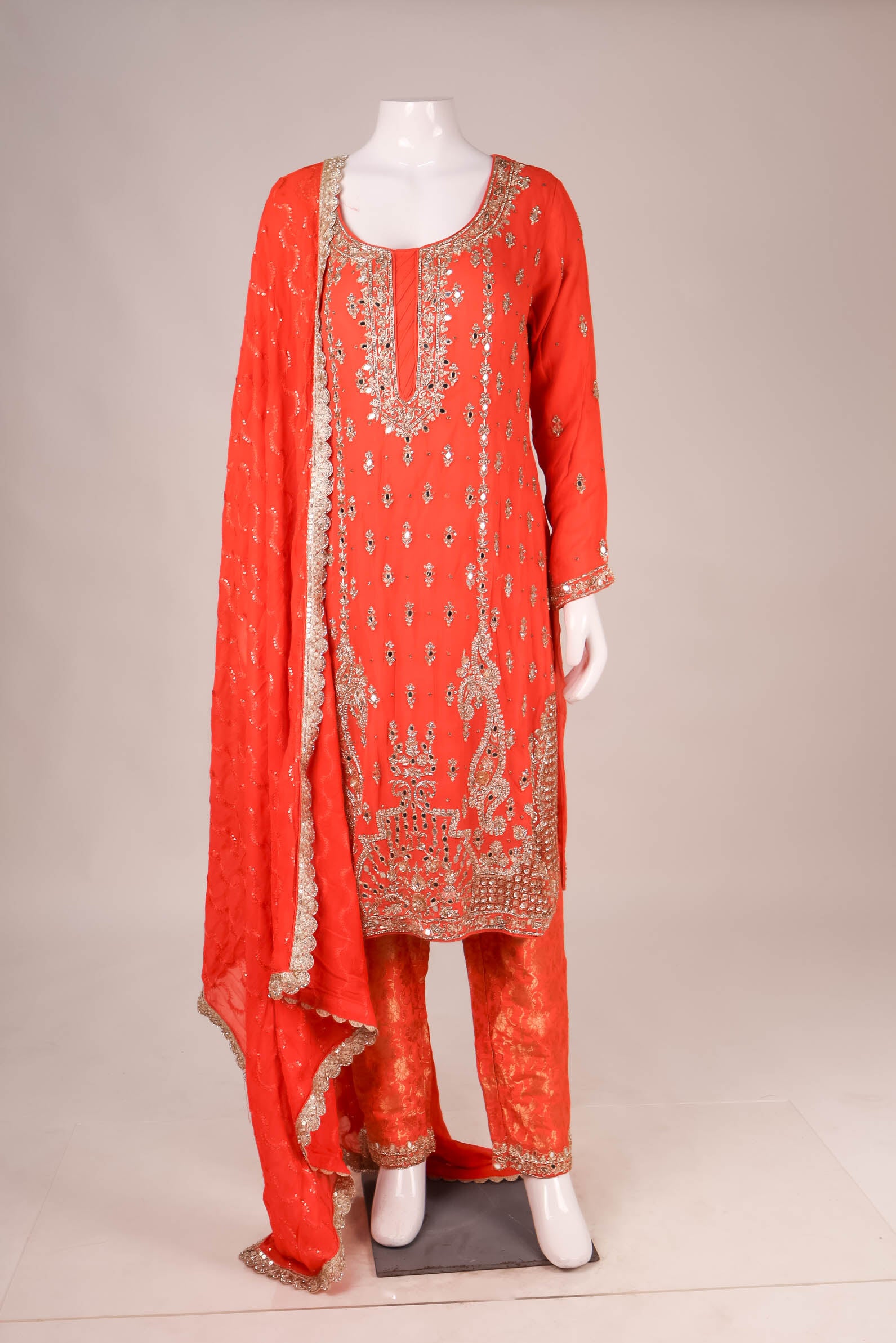 Orange Mirror Work Kurta Set