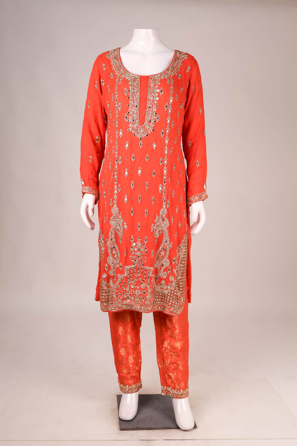 Orange Mirror Work Kurta Set