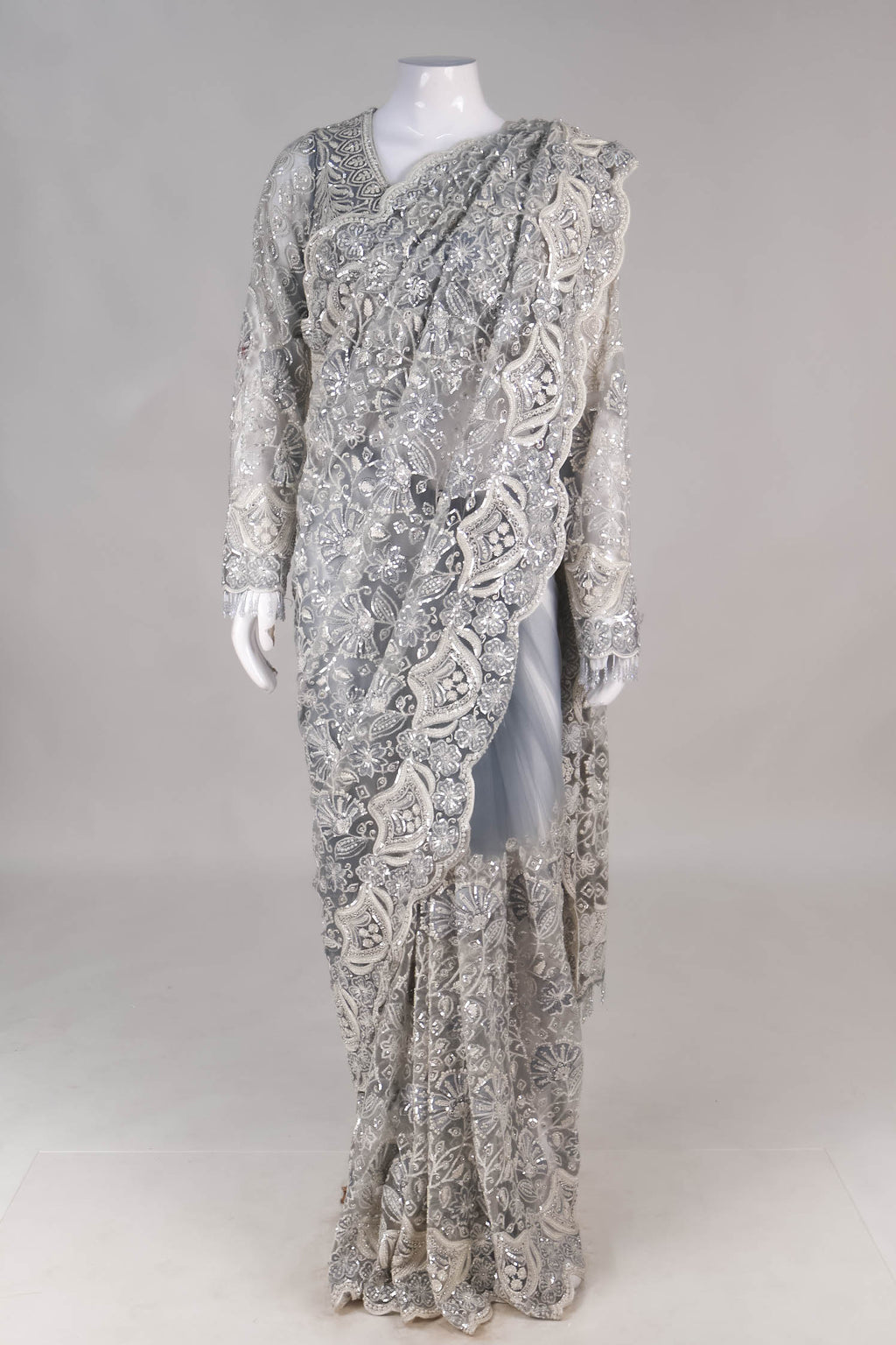 Silver-Grey Heavily Embellished Net Saree